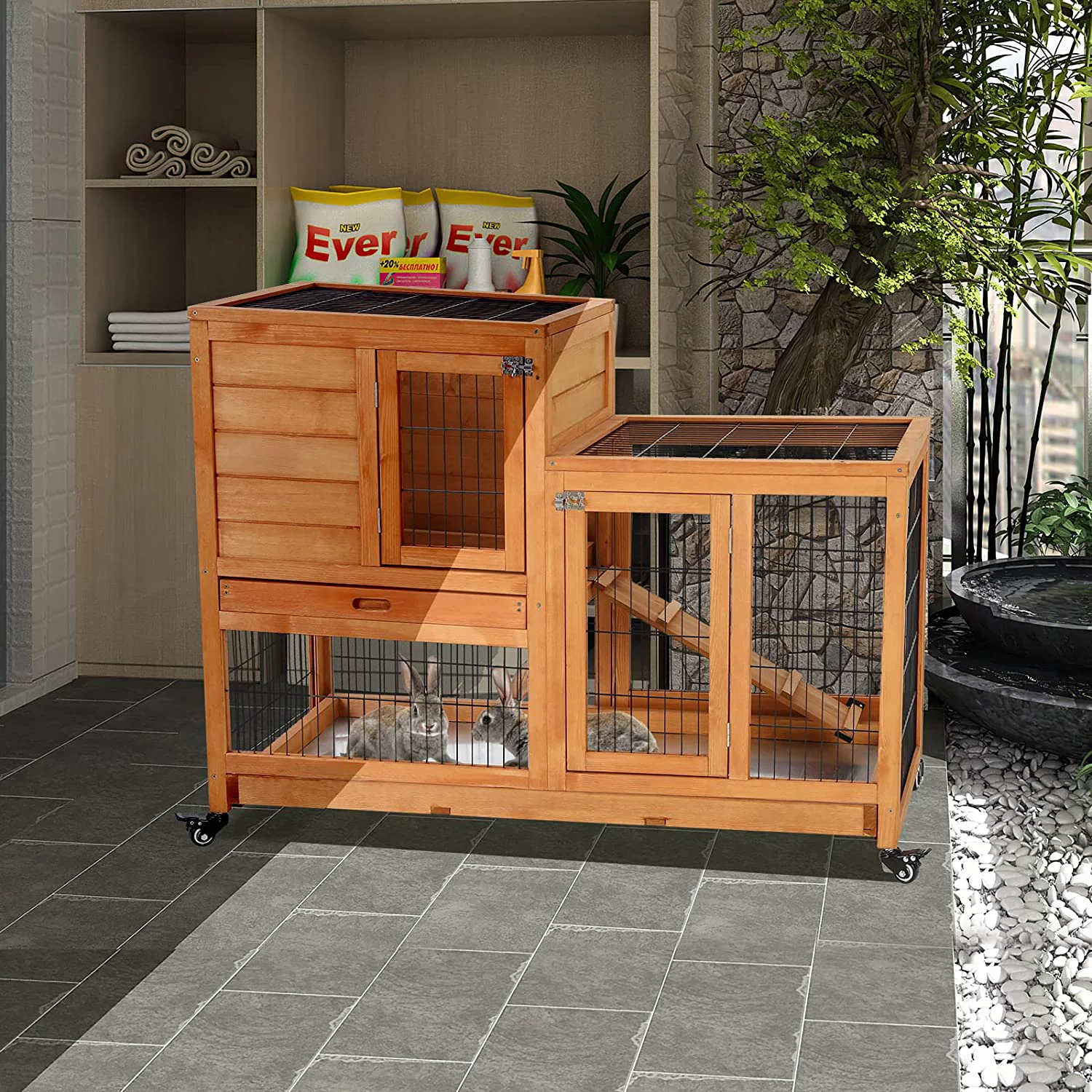 Increkid Rabbit Hutch Bunny Cage Pet House for Small Animals with Wheels
