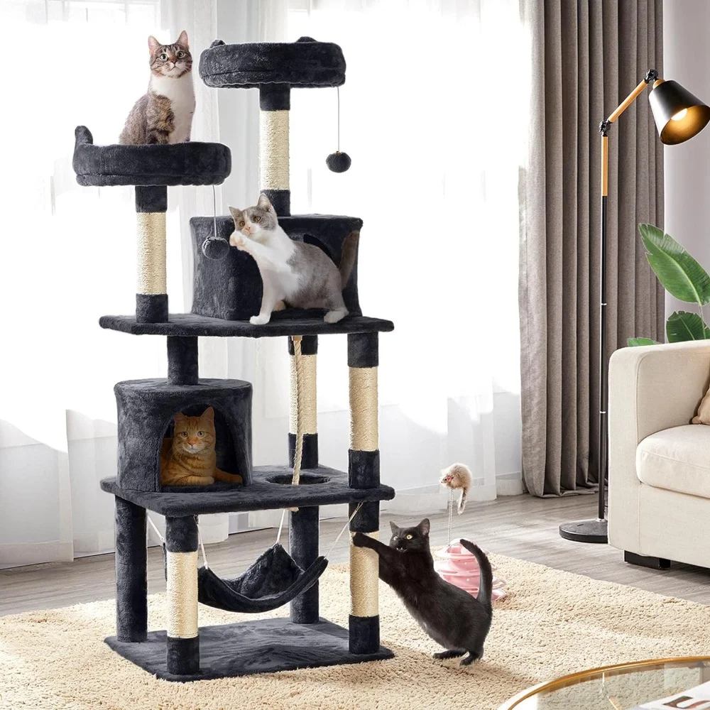 62.2in Cat Tree Cat Tower, Multi-Level Cat Tree w/Double Condo, Cat Platform & Hammock, Cat Pet Play House with for Indoor Activity Relaxing