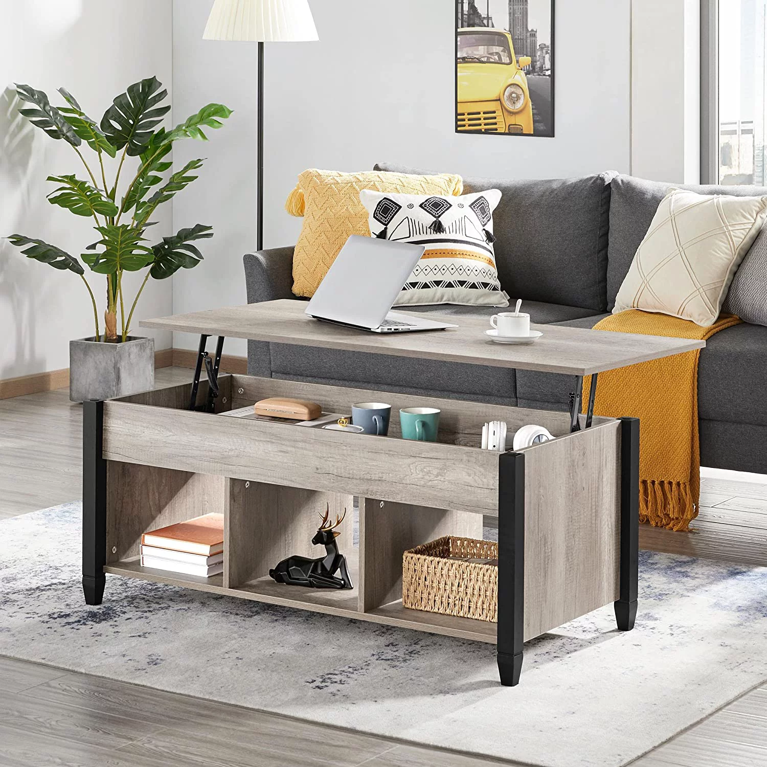 Gray Coffee Table, 47.5in Lift Top Coffee Table with Storage Hidden Compartment and 3 Open Shelves, Wooden Rustic Rising Center Table for Living Room