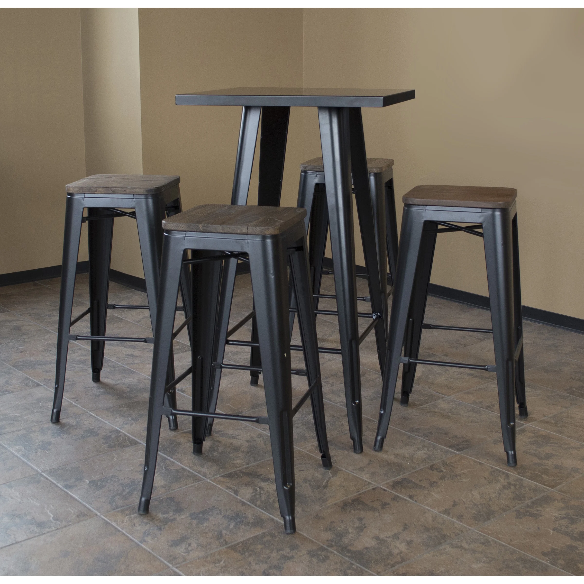 AmeriHome Black Metal Top Pub Height Table Seating 4 Dark Elm Wood Top Backless Black Bar Stools
