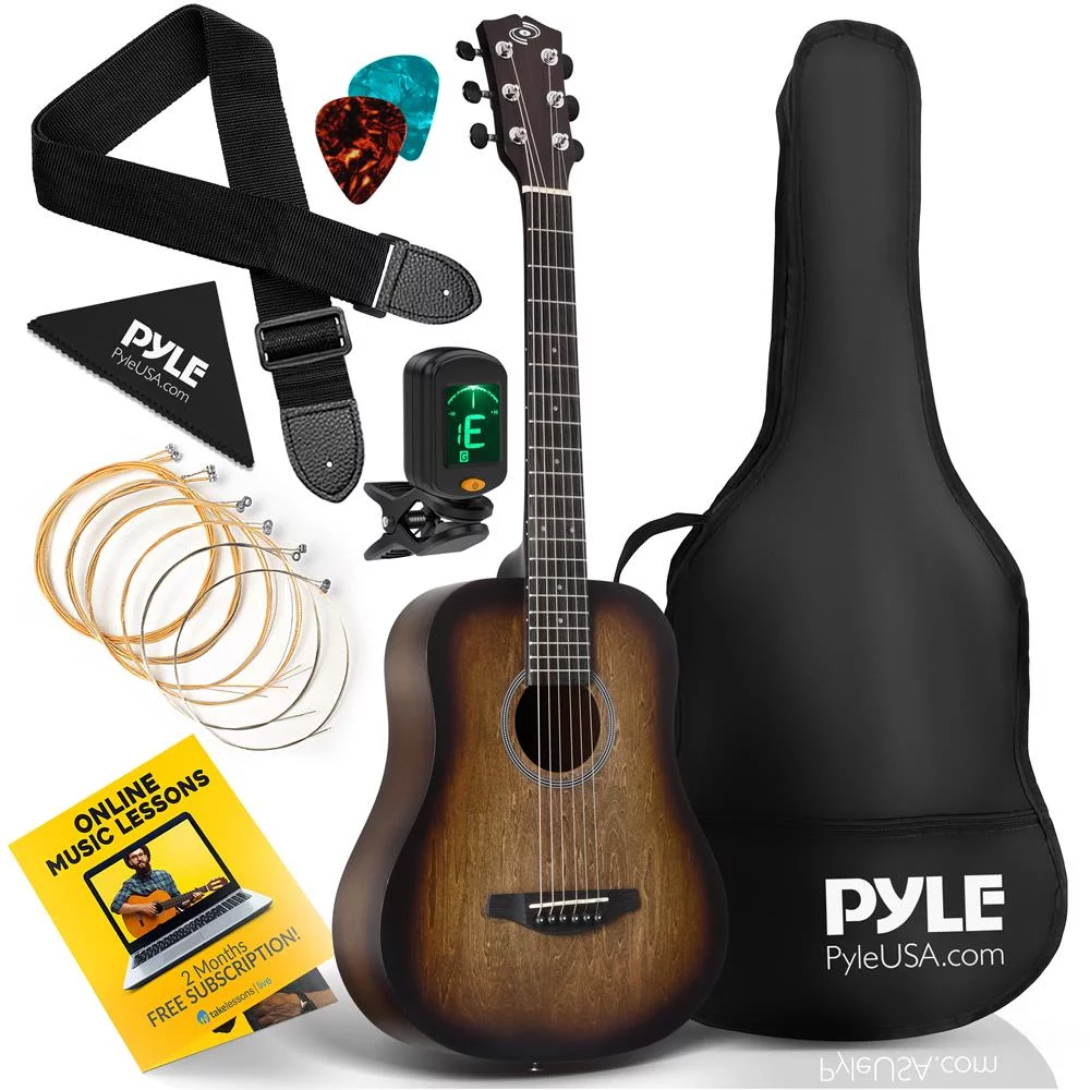 Pyle Acoustic Guitar Kit 1/2 Junior Size Steel String Instrument for Beginner Kids Adults 34” Brown