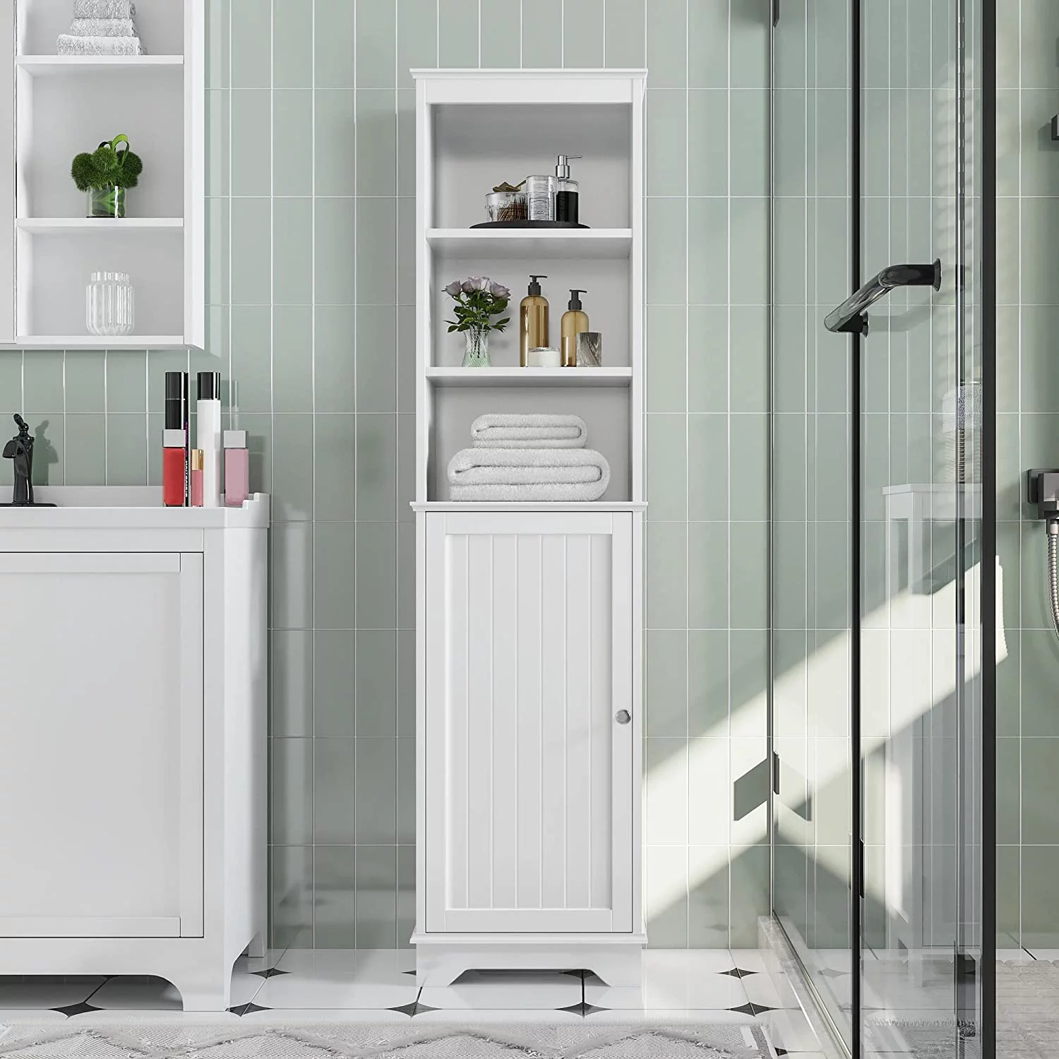 Bathroom Storage Cabinet, Tall Slim Cabinet with 3 Shelves & Door, Floor Freestanding Linen Cabinet for Bathroom, Living Room, 16 x 12 x 60.5 Inches, White