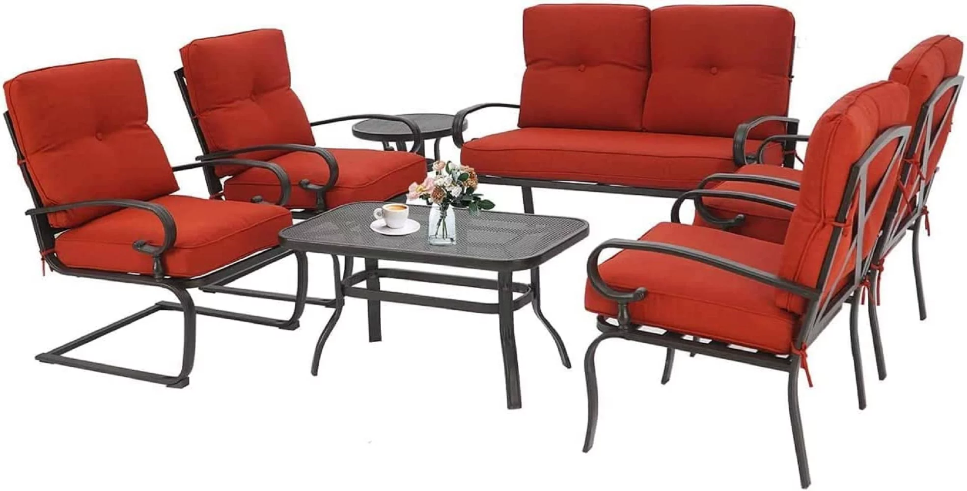 SUNCROWN 7-Piece Outdoor Metal Furniture Sets Patio Conversation Set Loveseat Louge Chairs and Table, Red
