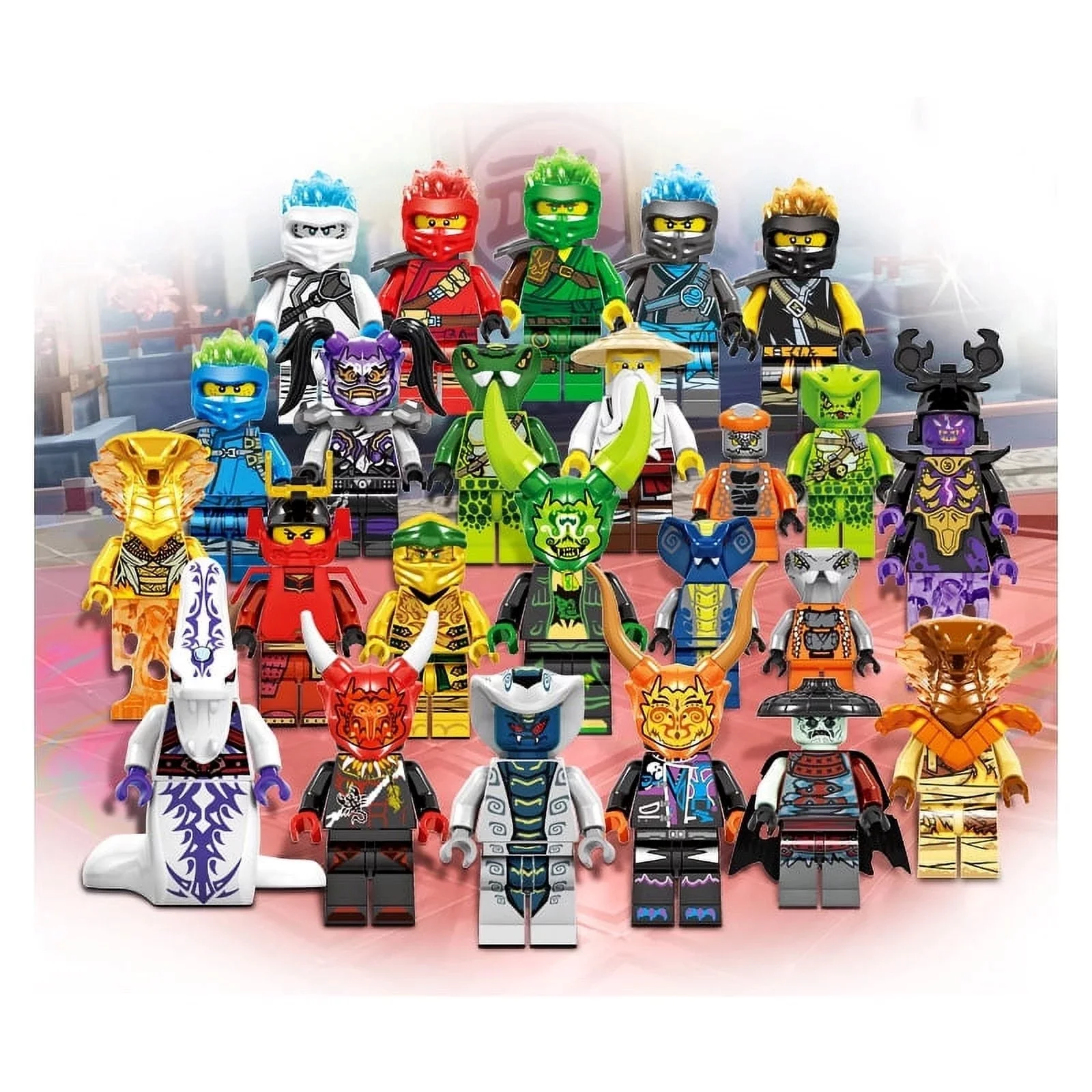 24 Pcs Ninjago Minifigures Building Blocks Toys Set, Collectible 1.77 Inchs Anime Ninja Action Figures Building Kits Christmans Birthday Gift for Kids and Fans