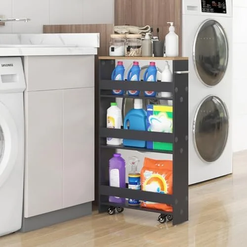 SQWDEC Slim  Cart  4-Tier Rolling Cart with Handle  Laundry Cart Between Washer and Dryer  Wood Spice Rack Next to Fridge  Narrow Shelving Unit for Kitchen  Bathroom  Small Spaces