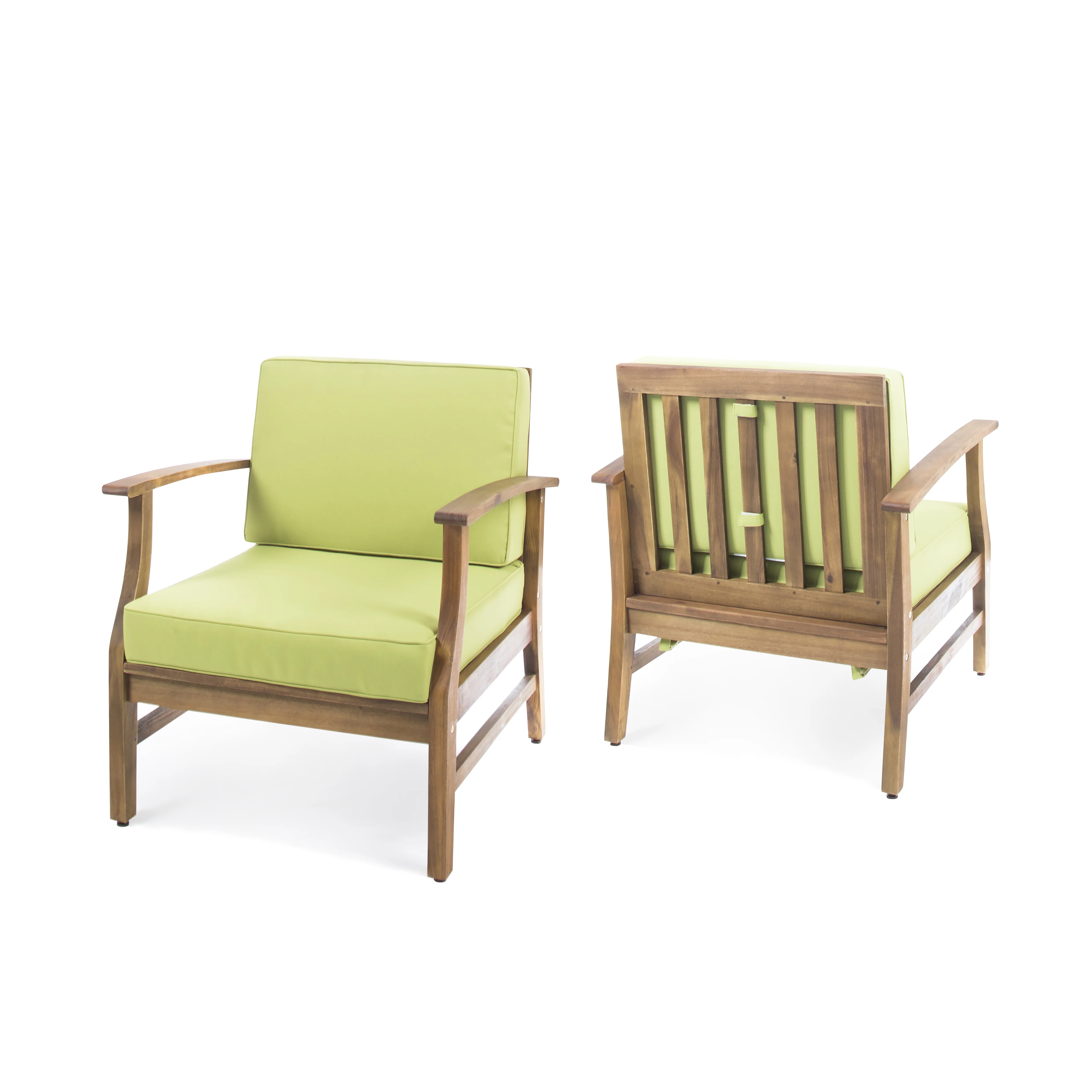 Zavier Outdoor Acacia Wood Club Chairs With Cushion, Teak Finish, Green