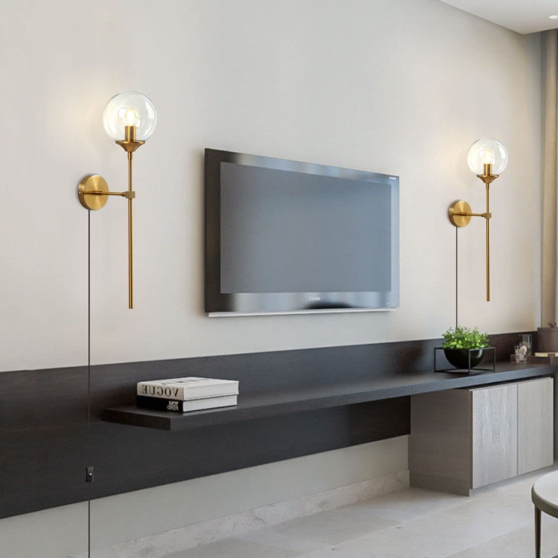 YANRUI Modern Long Globe Plug in Wall Sconce Lighting Set of 2 Mid Century Brass Gold Wall Sconce Light Plug in Set of Two Clear Glass Bathroom Bedroom Wall Lamp (Clear-Plug in)