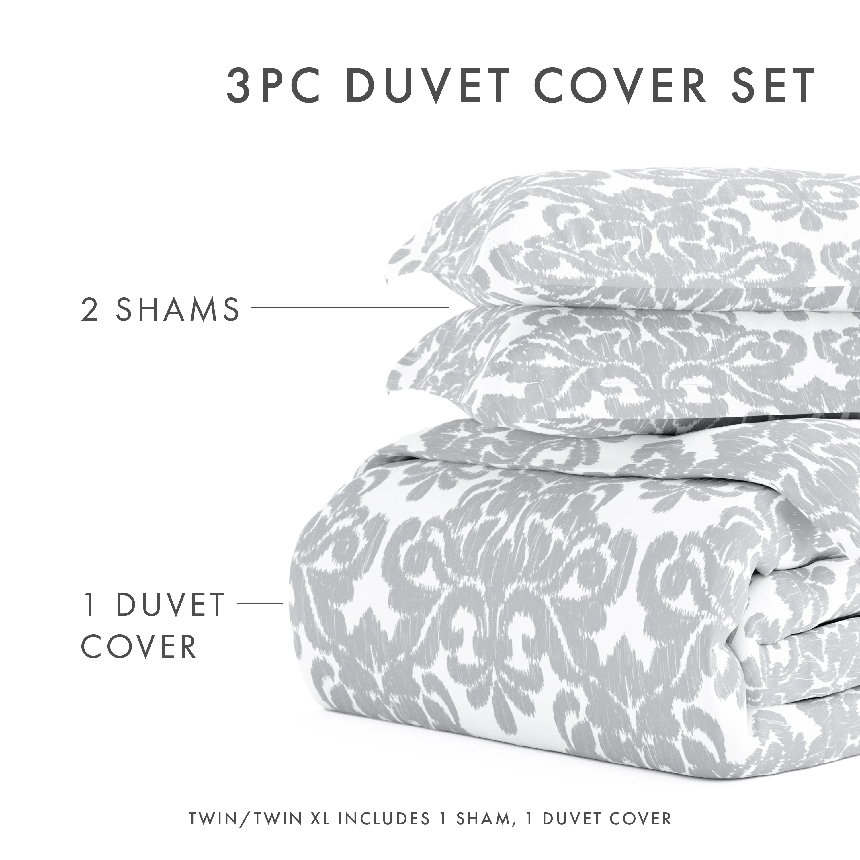Noble Linens Light Gray Soft Damask Pattern 3-Piece Duvet Cover Set, Full/Queen