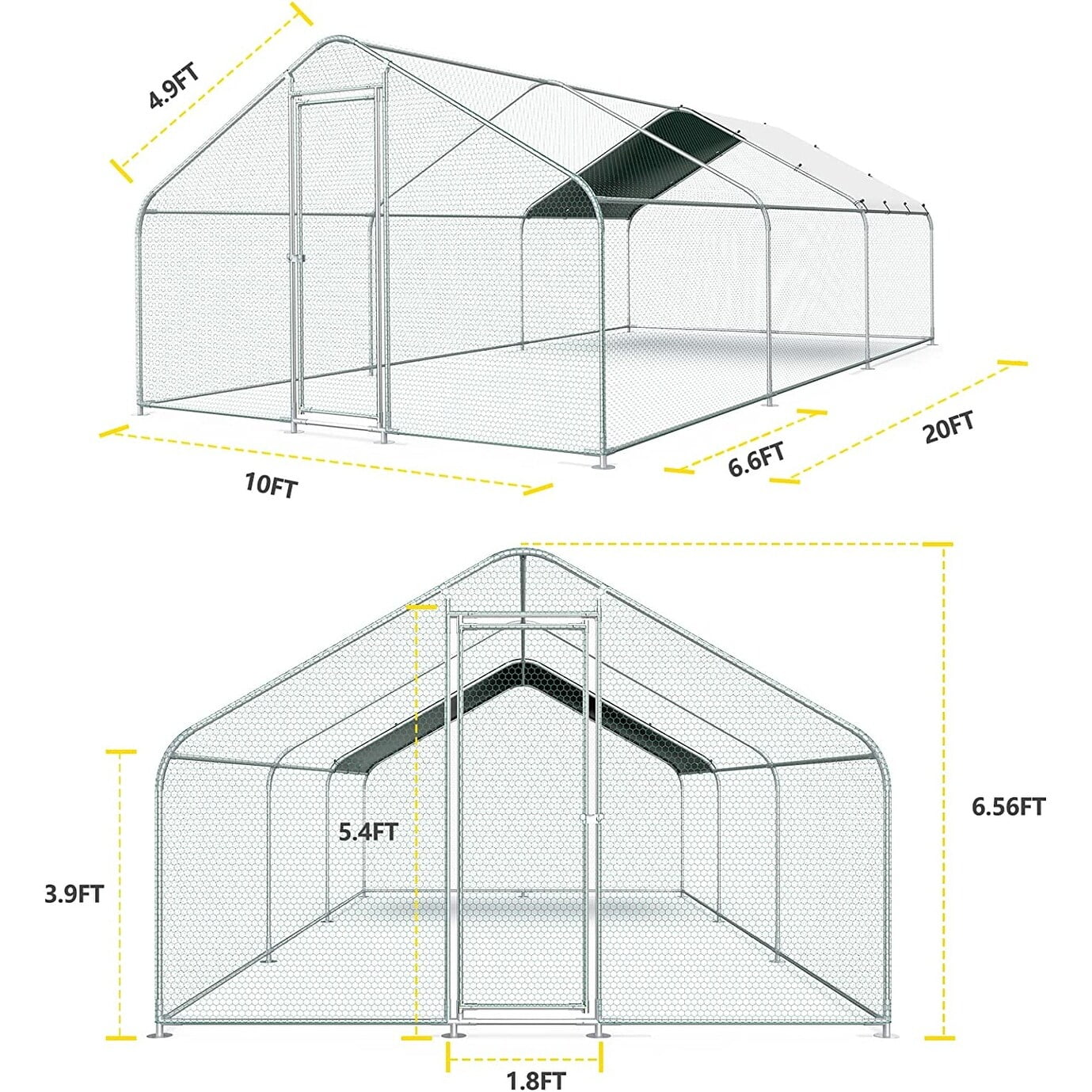 Large Metal Chicken Coop Run with Waterproof Cover - 20L x 10W x 6.56