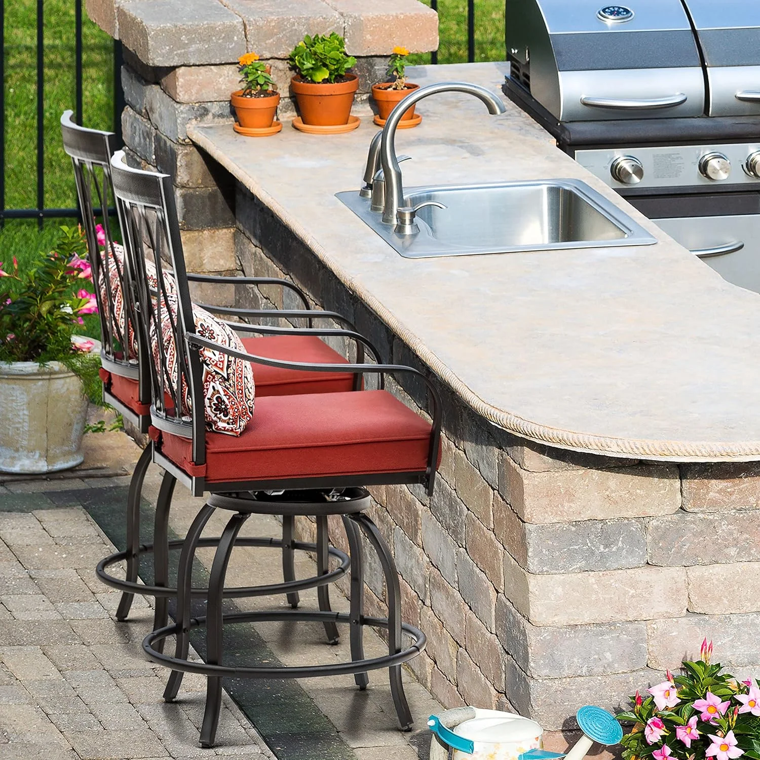 Patio Swivel Bar Stools Set Of 2,Outdoor Bar Height Patio Stools & Bar Chairs With Padded Cushions And Extra Pillows,Iron Bar Height Bistro Chairs For Deck Lawn Garden,Black&Red