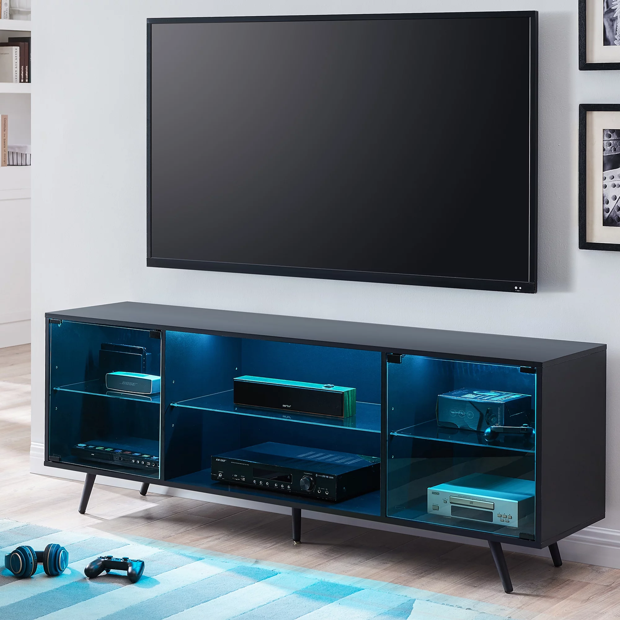 OKD Modern TV Stand for 75 inch TVs with Open Shelves and Large Storage, Wood and Metal Entertainment Center with Glass Door, Black