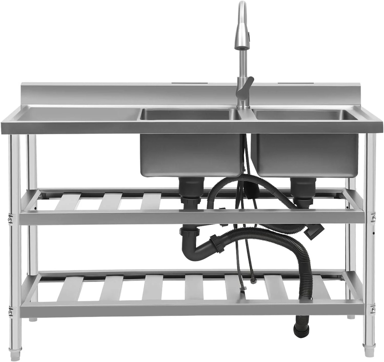 Free Standing Commercial Kitchen Sink 2 Compartment Stainless Steel Prep & Utility Sink 201 Stainless Steel Freestanding Kitchen Sink for Restaurant, Kitchen, Outdoor (Dual Bowl Style w/Baffle)