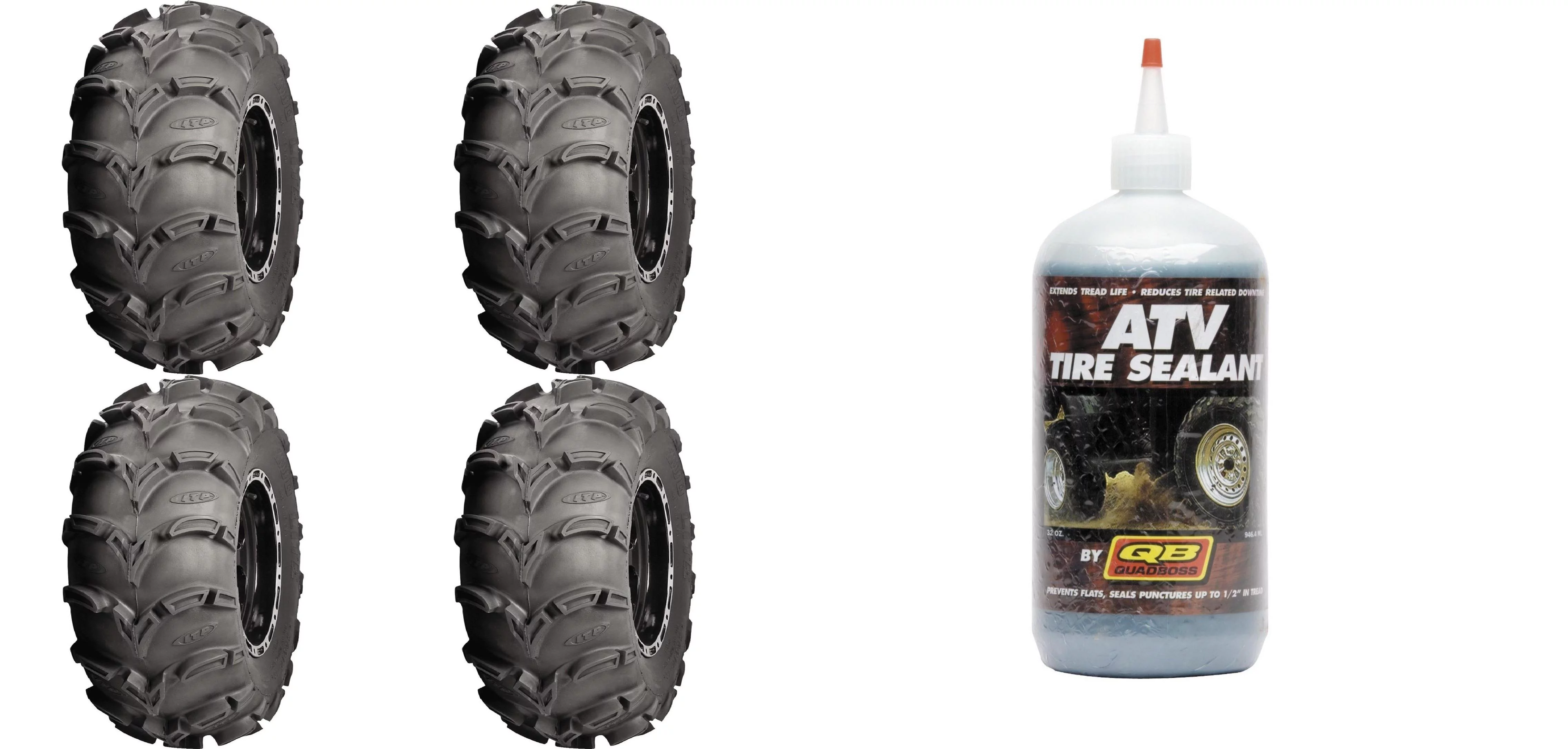 Set of 4 ATV ITP Tires (Mud Lite XL 26x10-12 Front/Rear) with QUADBOSS Sealant