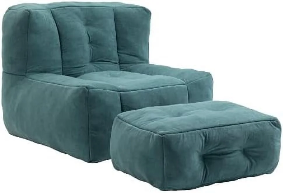 ZWNLKQG Microfiber Upholstered Bean Bag Sofa  Stuffed Bean Bag Couch with Footstool  Button Tufted Lazy Sofa  Memory Foam Stuffed Accent Sofa Chair for Living Room  Bedroom (Black)