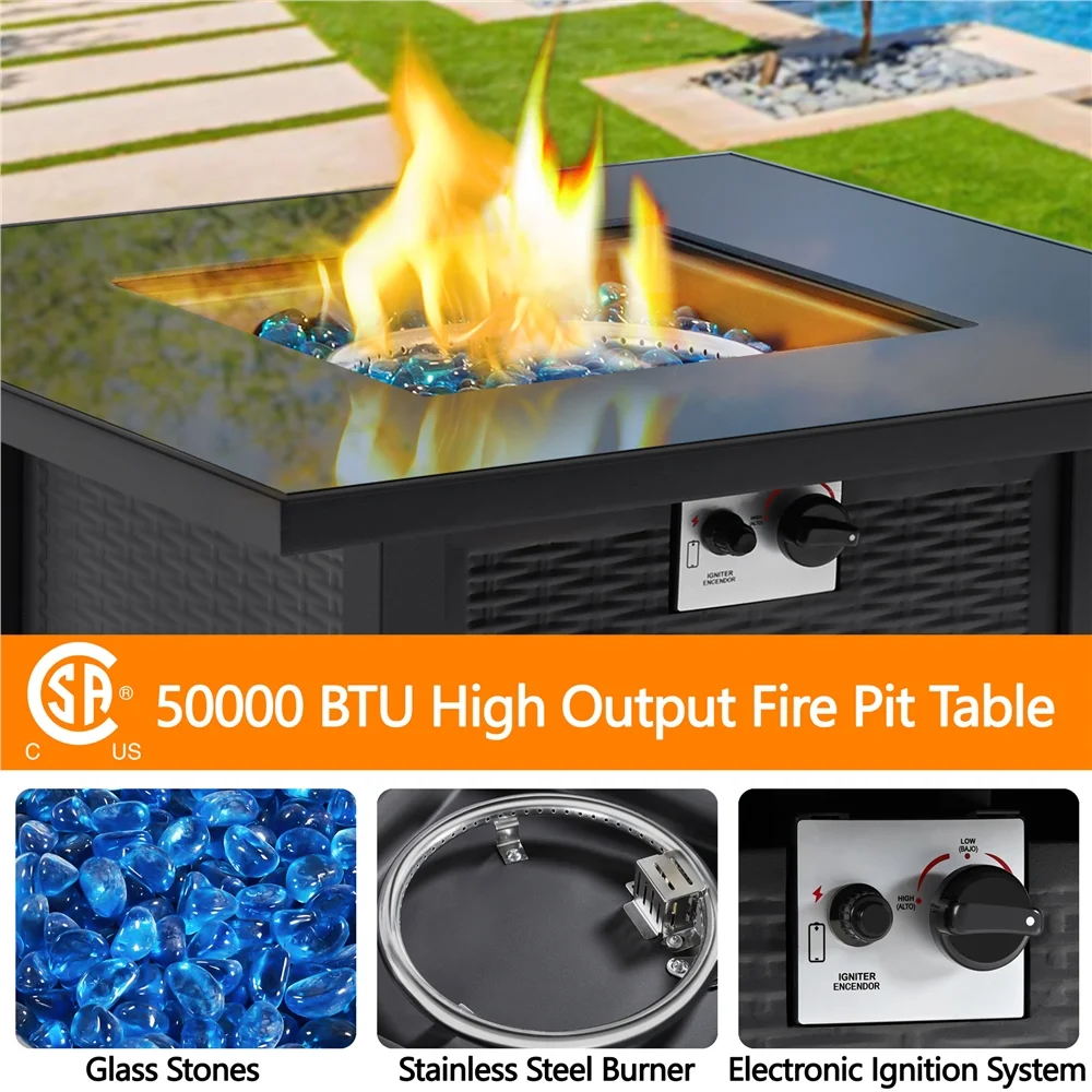 Topeakmart 30in Metal Fire Pit Table 50,000 BTU with Tempered Glass Tabletop, Glass Fire Stones & Water-resistant Cover, Propane
