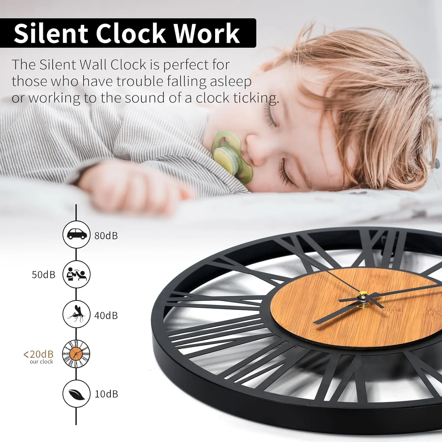 24In Large Modern Metal Wall Clocks, Round Silent Roman Numerals Big Clock, Small Tick Tock Pointer Outdoor Indoor Oversized Wall Clock for Kitchen, Living Room, Bedroom Wall Decoration - Wooden