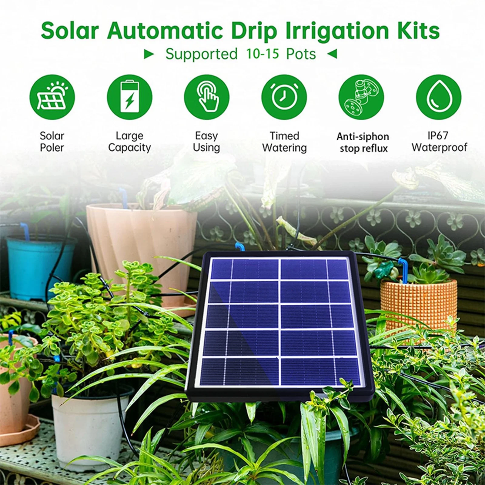 Solar Automatic Drip Irrigation Kit Anti-siphon Solar Powered Irrigation System for Garden Balcony 1-600s Timer Easy DIY Self Watering Device Supported 10-15 Pots Plants