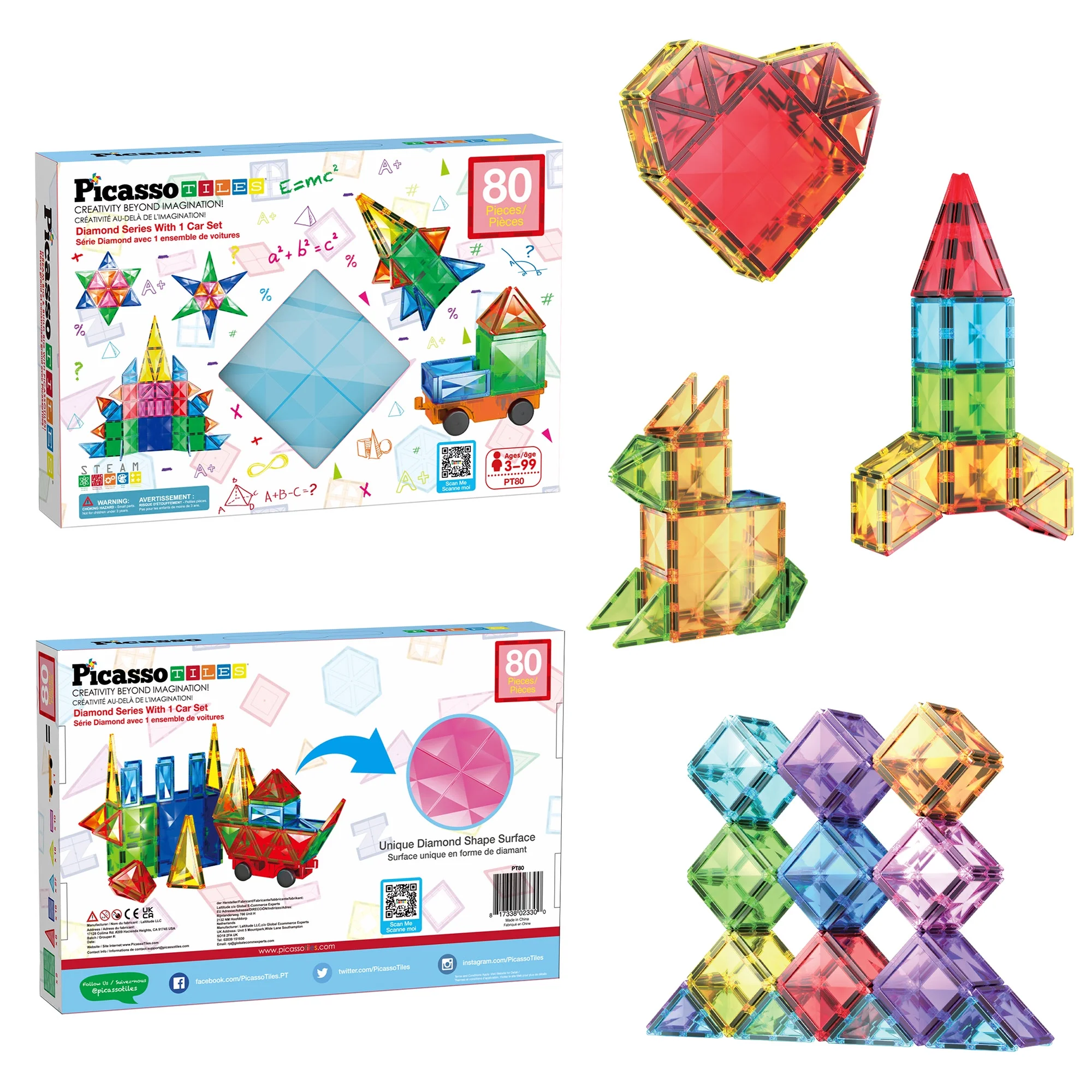 PicassoTiles 80 PC Magnetic Tiles, Magnetic Building Blocks for Kids, Magnet for Kids 3+ w/ Car Base