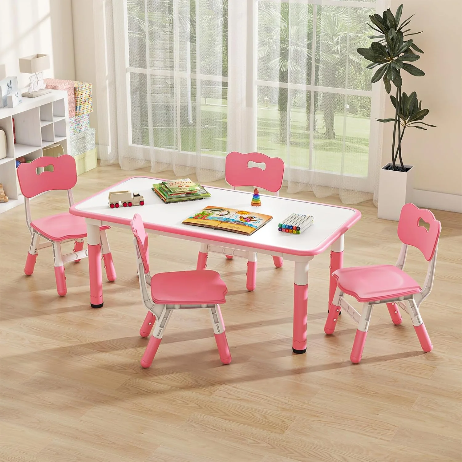 INFANS Kids Table and Chiar Set, Height Adjustable Toddler Desk and 4 Chairs with Graffiti Desktop Non-Slip Legs, Large 47