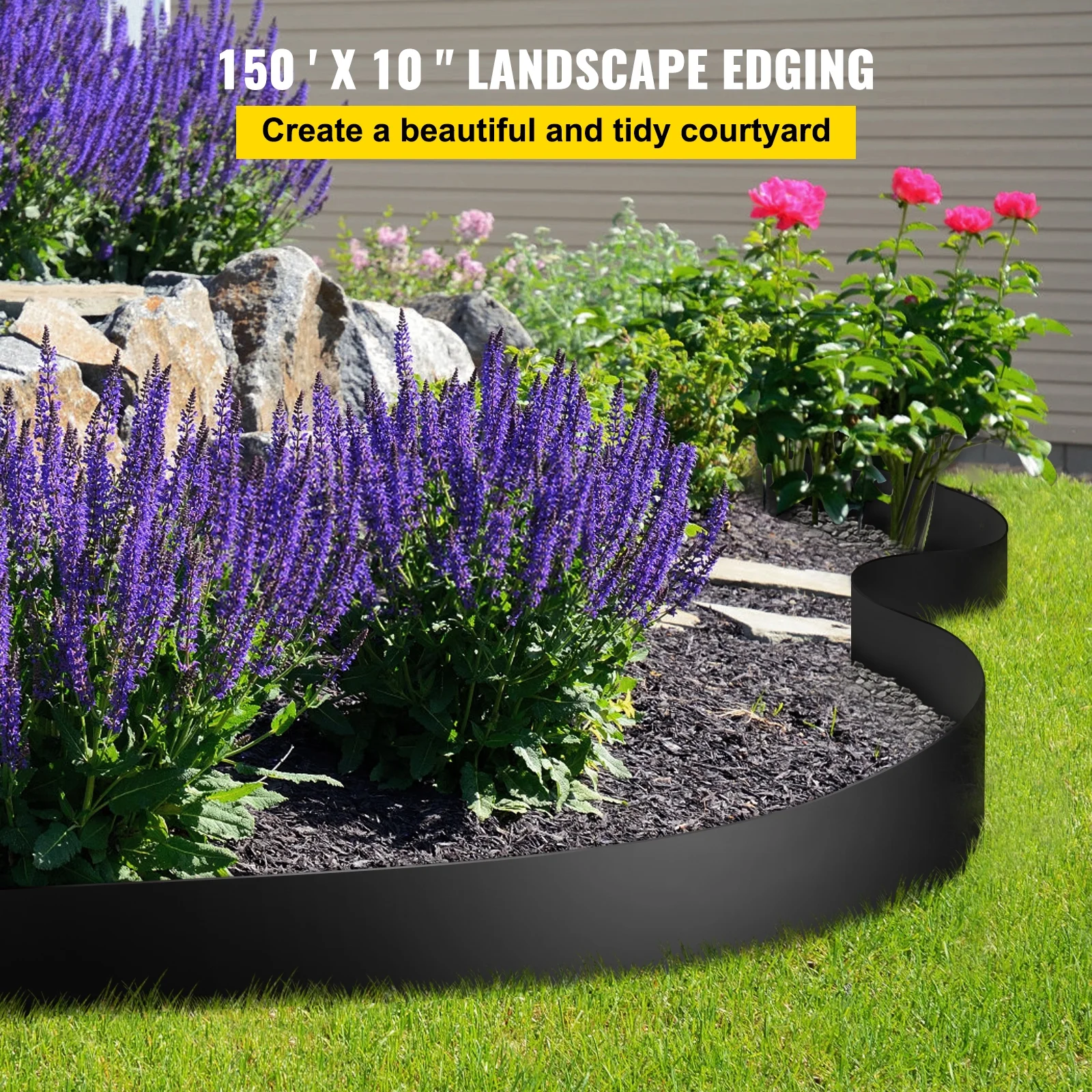 SKYSHALO Landscape Edging, 10 inch Depth 150 ft Total Length, Recycled HDPE Coiled Terrace Board, Flexible Bender Border for Landscaping, Lawn, Garden, Yard, Against Invading Weeds, Black