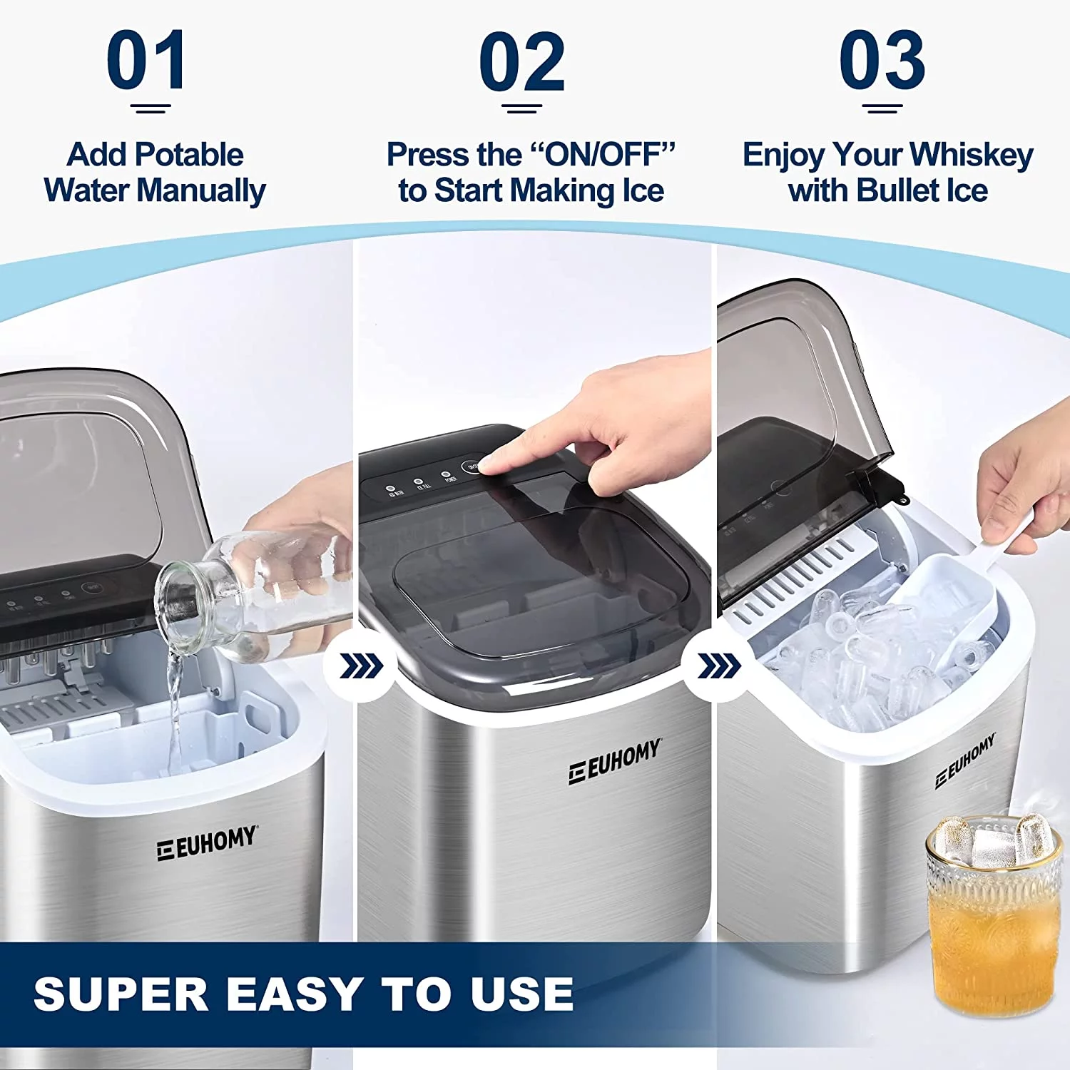 Euhomy 26lbs/24H Bullet Ice Countertop Ice Maker, 9 Bullet Ice Cubes Ready in 6 Mins, Self-Cleaning Portable Ice Maker with Handle (Silver)