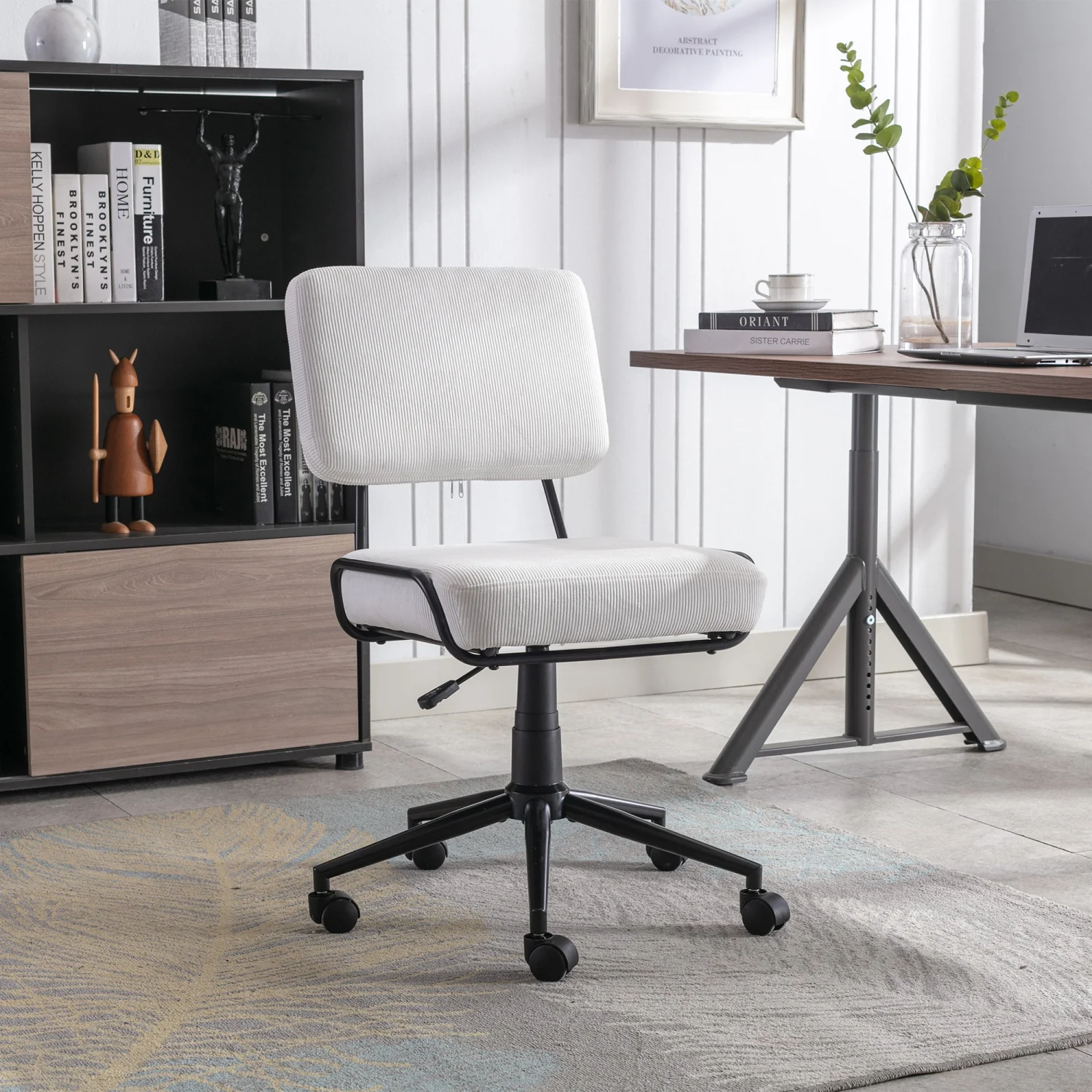 Comfy and Stylish Corduroy Task Chair with Adjustable Height  Swivel Feature  and Wheels  White Desk Chair Ideal for Adults and Teens Seeking Comfort in Home Office  Bedroom  or Study Roo
