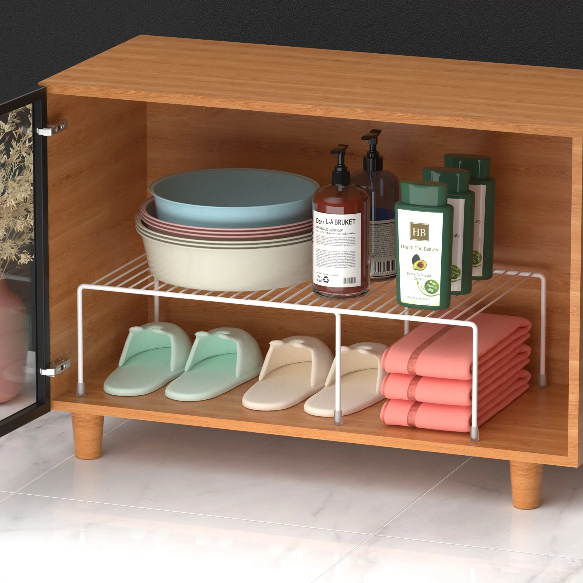 SANNO Expandable Storage Rack Shelf, 2 Piece Cabinet Metal Rustproof Spice Rack, Adjustable Kitchen Organization Pantry Shelf Space Saver Cupboard Riser for Freezer Pantry Counter Shelves, White