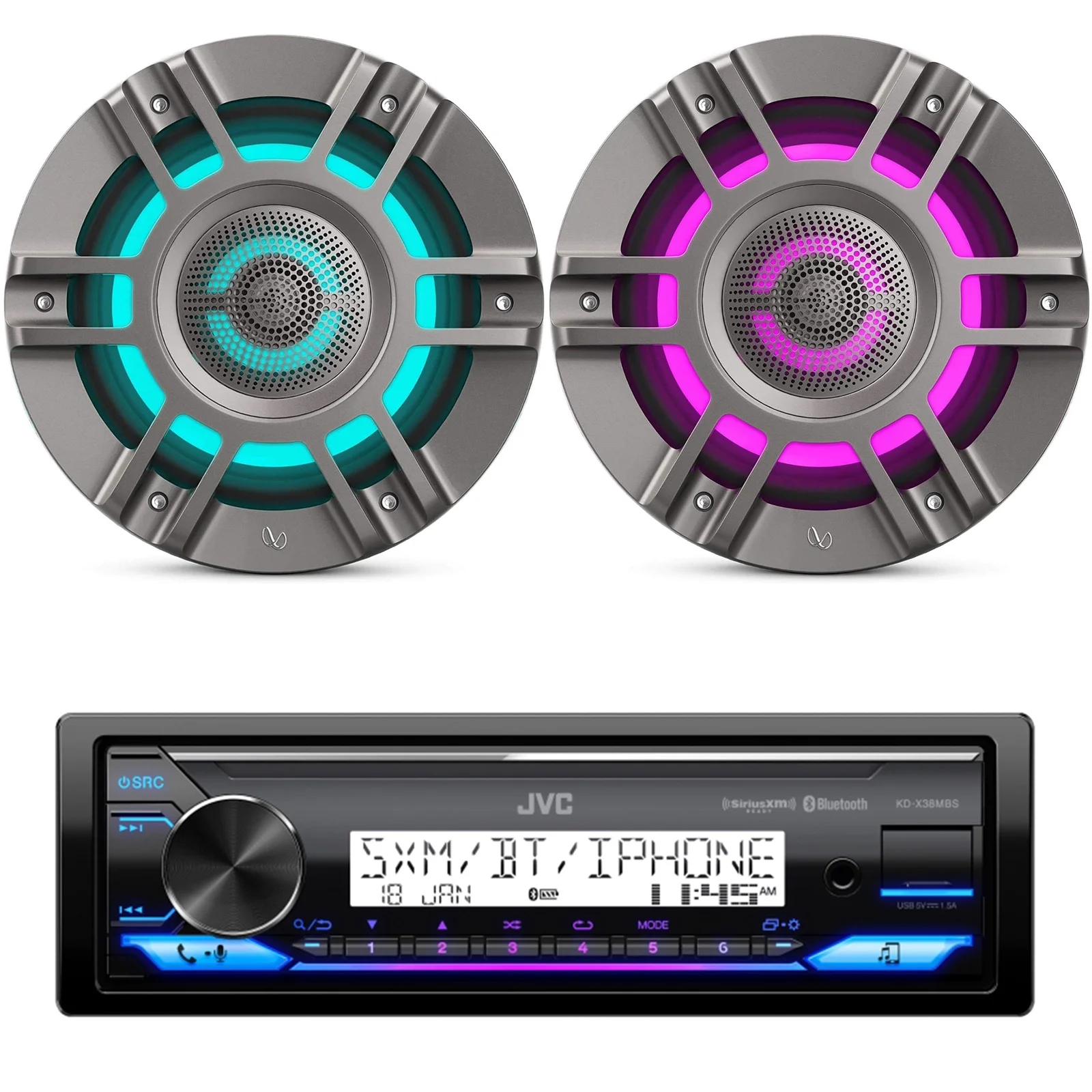 JVC KD-X38MBS Single DIN Marine MotorSports Bluetooth USB AUX LED AM/FM Radio Stereo Receiver, 2x 8