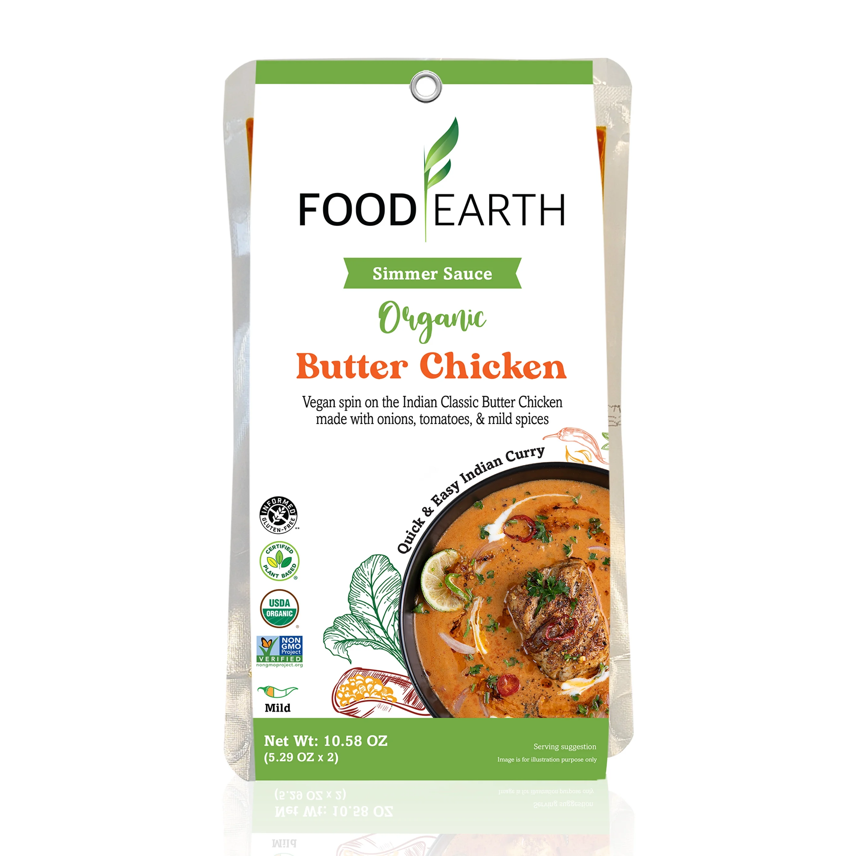Food Earth Mild Indian Butter Chicken Simmer Sauce Organic, Vegan, Non-GMO 10.58 oz 6-Pack, 12 individual pouches, 3-4 Servings. Convenient to use, easy to store.