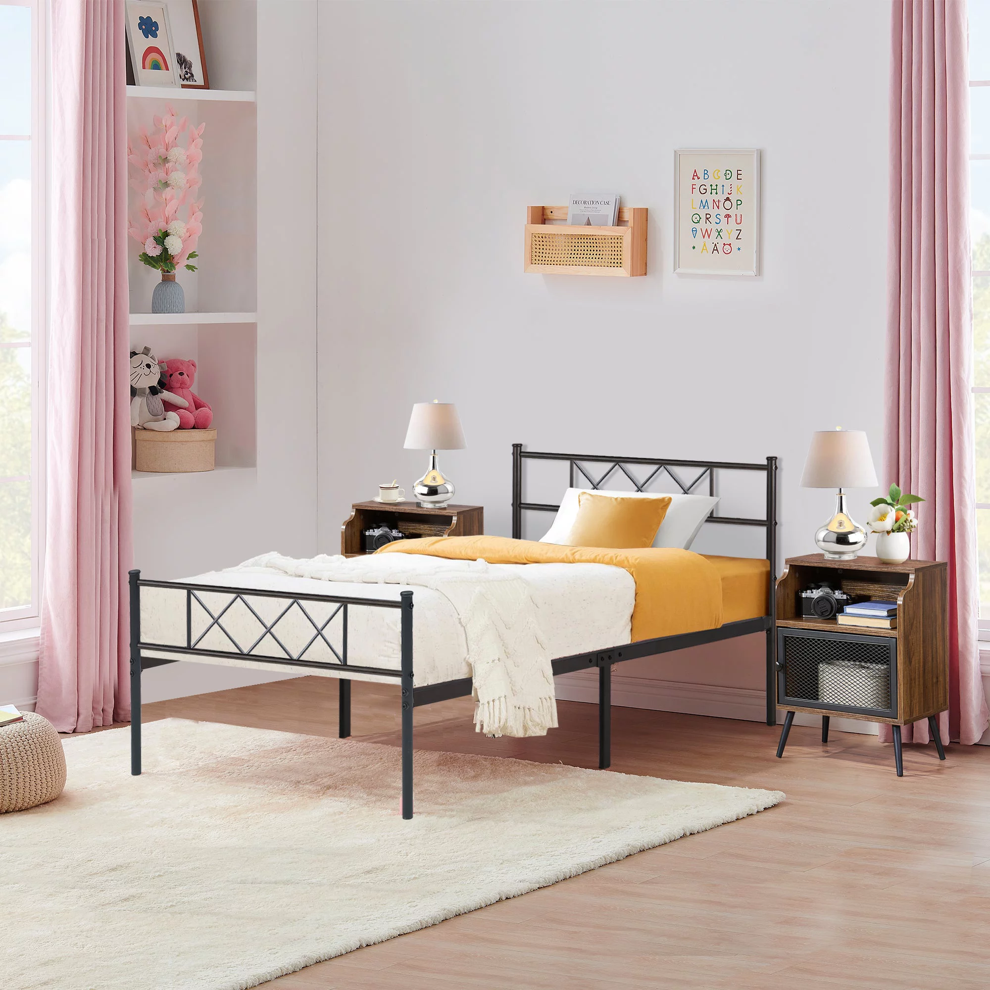 VECELO 3-Piece Bedroom Sets Metal Bed Frame and 2 Brown Nightstand