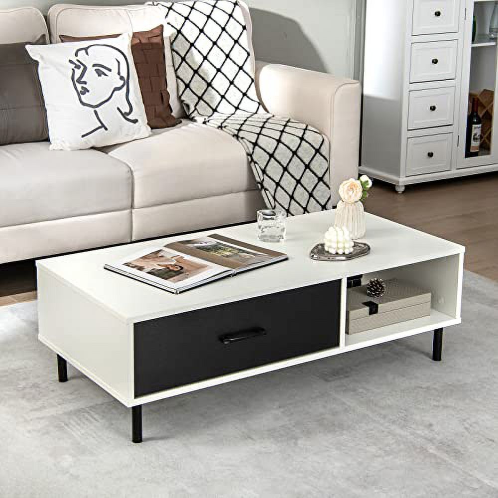 GOFLAME Modern Coffee Table, Versatile 2-Tier Accent Cocktail Table with Pull-Out Drawer & Open Shelf, 43.5” TV Console Table with 5 Sturdy Metal Legs for Living Room, Bedroom, Entryway, White