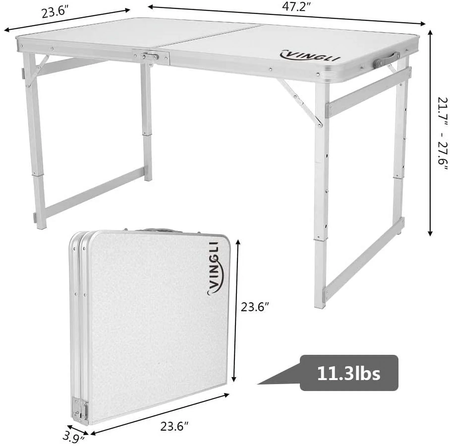 VINGLI 4ft Height Adjustable Folding Utility Table, Portable Lightweight Fold Up Indoor Outdoor Picnic Party Dining Camp Aluminum Tables