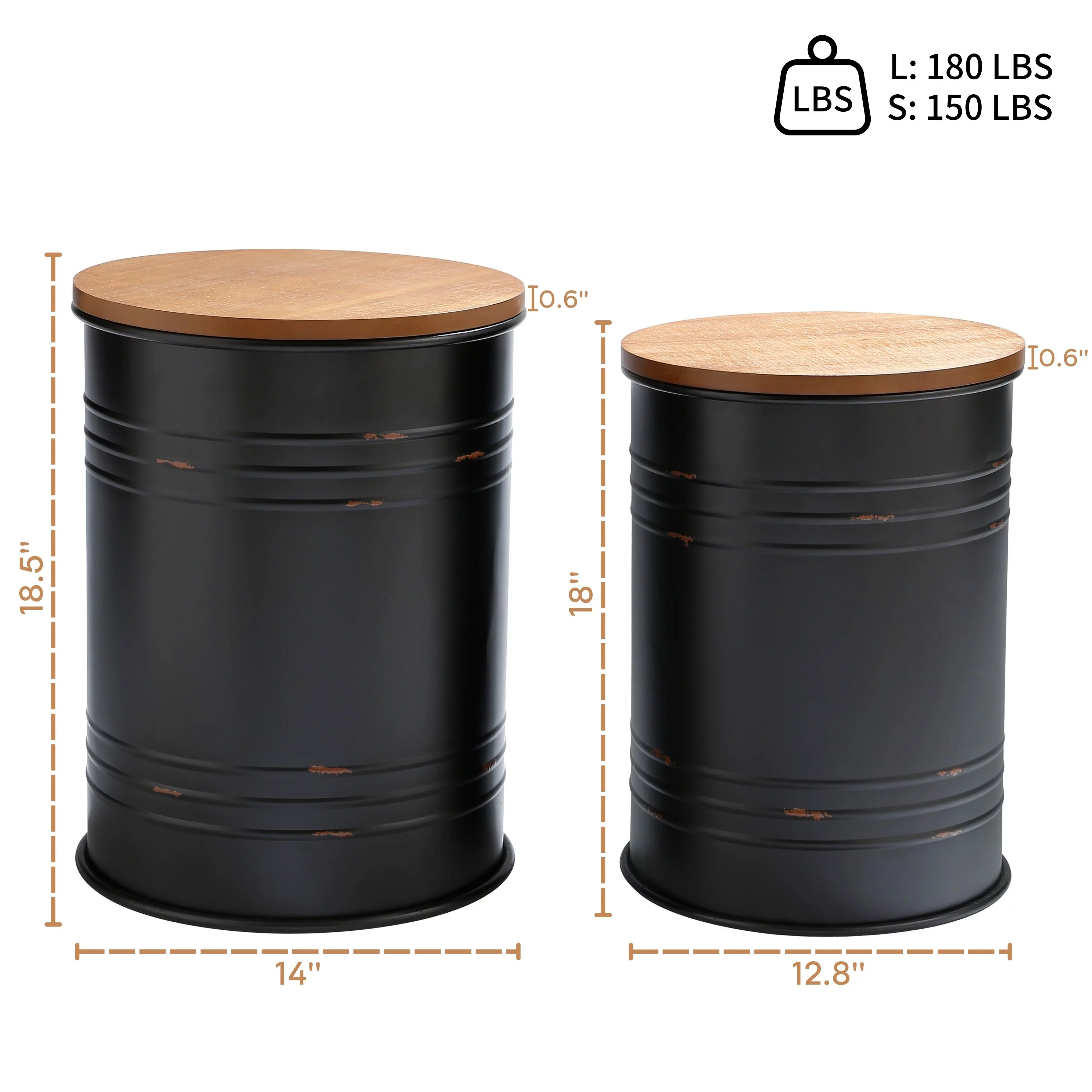 PERFNIQUE Farmhouse Storage End Table, Set of 2 Black Galvanized Rustic Ottoman Seat Stool, Outdoor Patio Storage Table with Round Wooden Lid, Nesting Side Tables Living Room (Black)