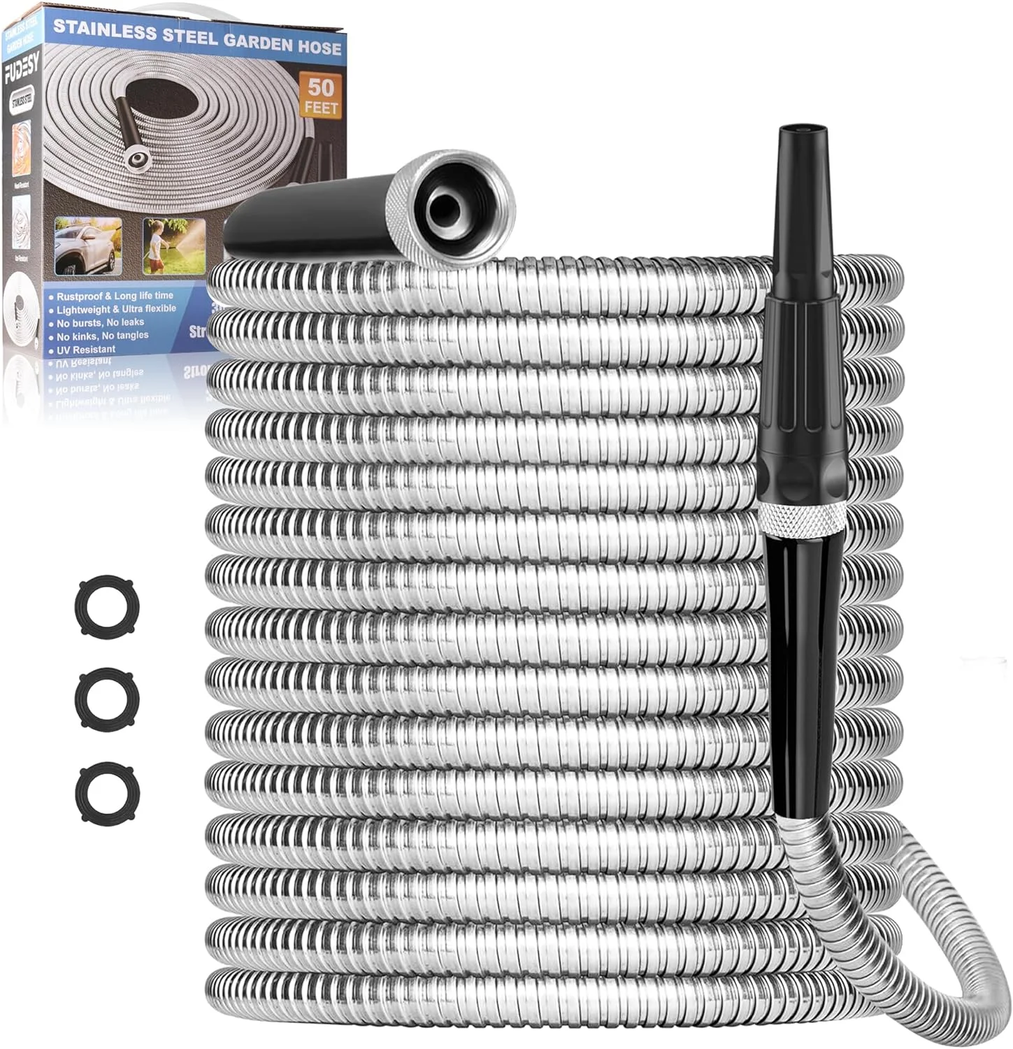 50FT Garden Hose - 304 Stainless Steel Metal Water Hose, Flexible Lightweight Heavy Duty Durable Hose, Adjustable Nozzle with Six Spray Modes for Outdoor Yard, No Kink and Tangle, Easy to Store