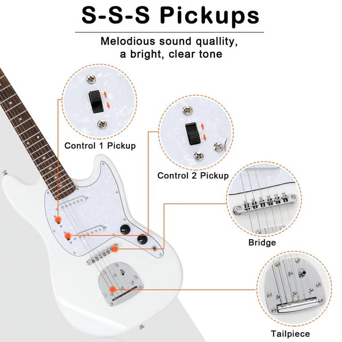 Fithood Glarry Full Size 6 String S-S Pickup GMF Electric Guitar with Bag Strap Connector Wrench Tool White