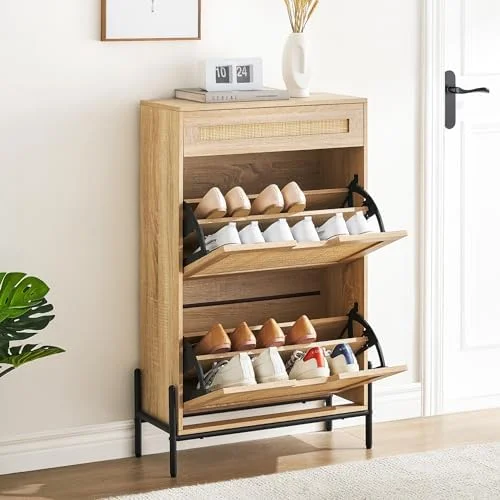 RSJIWOGZ Natural Rattan 2 Flip Down with 1 Drawer Free-Standing Shoe Rack  Shoe Cabinet Wood Organizer Freestanding with 3-Tier Adjustable Shelves for Entryway Hallway Doorway (Oak Color)