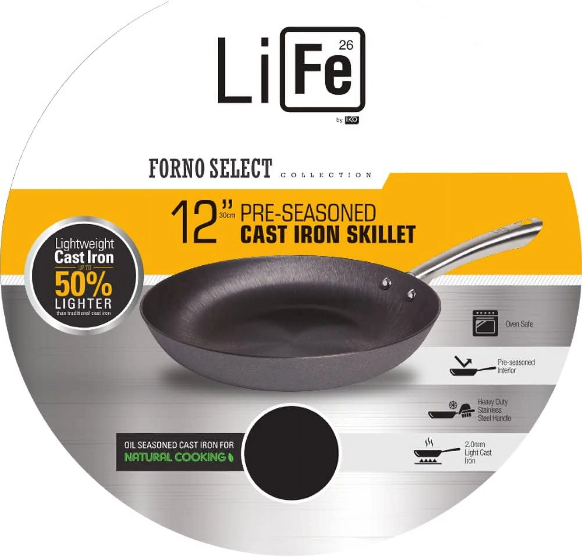 Lightweight Kosher Cast Iron Pan, Heavy Duty Stainless Steel Handle, Vegetable Based Pre-Seasoned Non-Stick Easy To Clean Interior, Safe On All Cooking Surfaces, Oven Safe (12