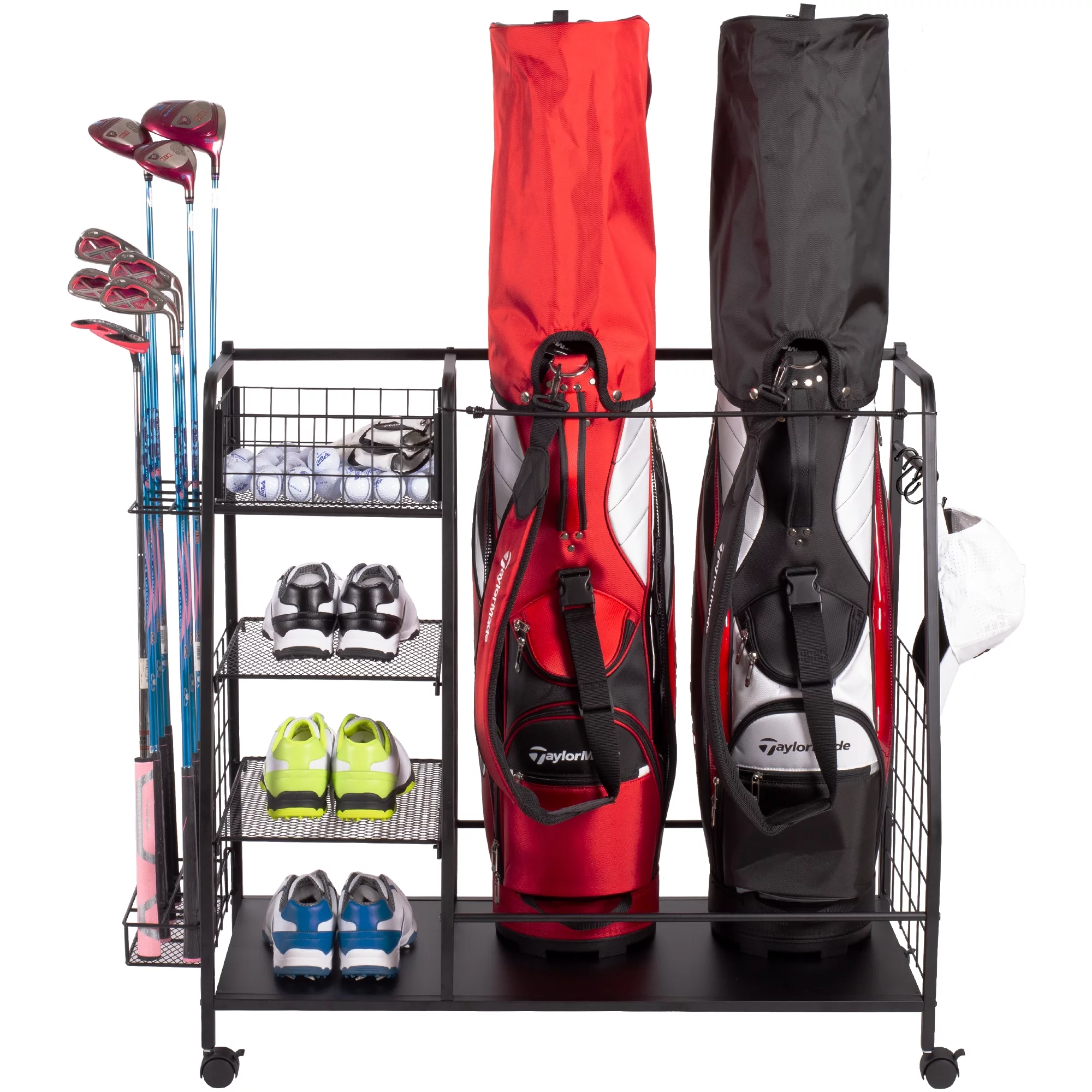 Golf Storage Rack - Garage Organizer with Side Golf Clubs Holder - Extra Large Golf Bag Stand for 2 Golf Bags - Golf Accessories Organizer with Wheels and Leveling Feet - Easy Assemble