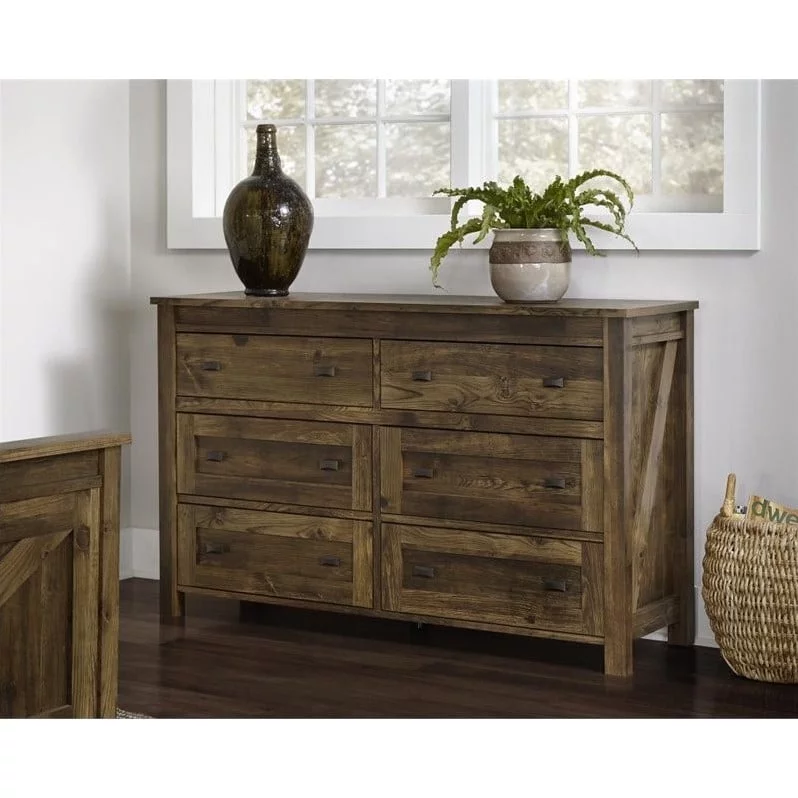 Home Square 3 Piece Bedroom Set with 6 Drawer Dresser and Nightstands in Rustic