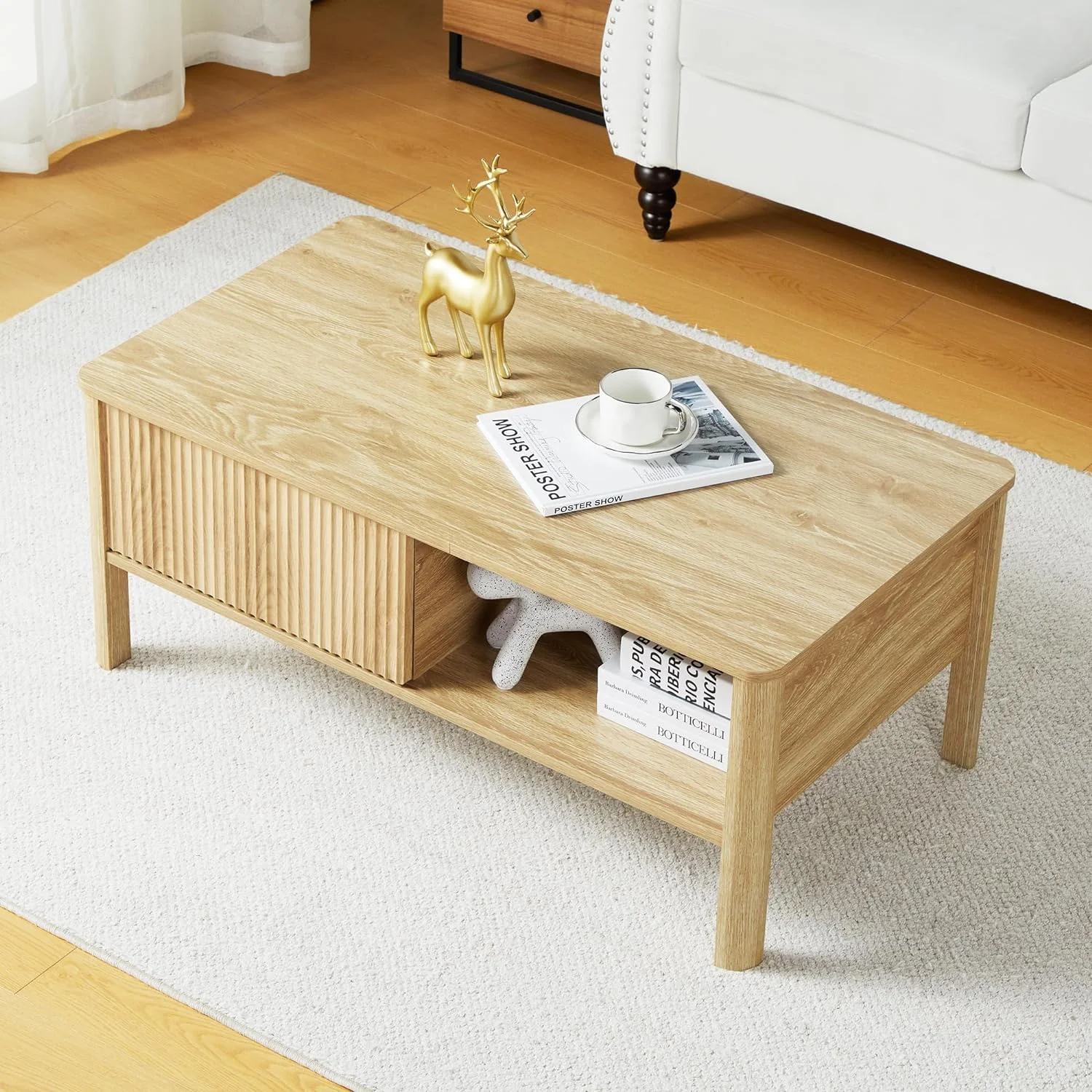 Wirrytor Mid-Century Modern Rectangular Wood Coffee Table with Dual Storage Shelf, Storage Center Coffee Tables with Waveform Panel Sliding Door Dining Table for Living Room Apartment(Natural)
