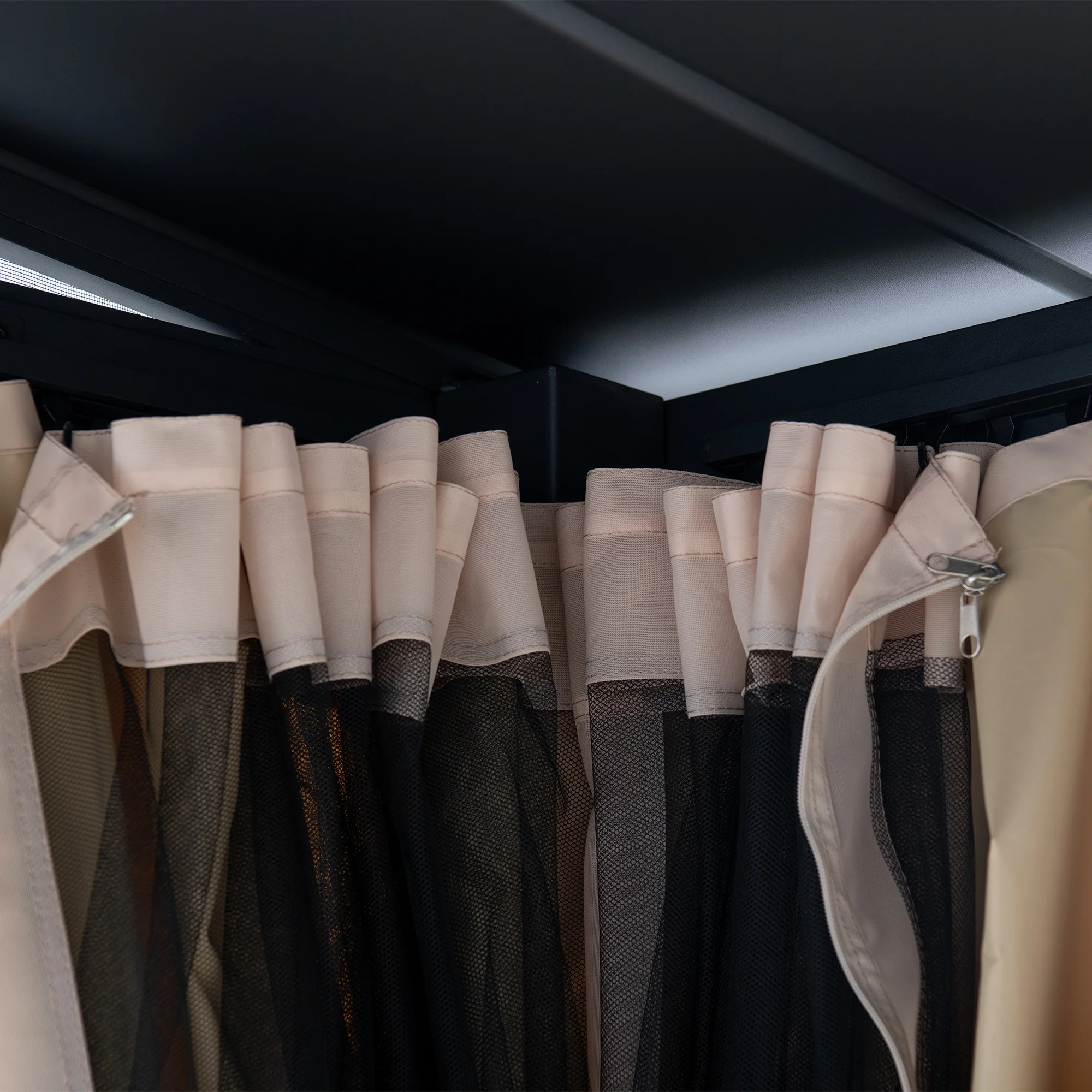 Sunjoy 12’ x 14’ Wall Mounted Gazebo with Powder Coated Steel Roof, Black Aluminum & Metal Frame Lean to Gazebo with Curtains and Netting