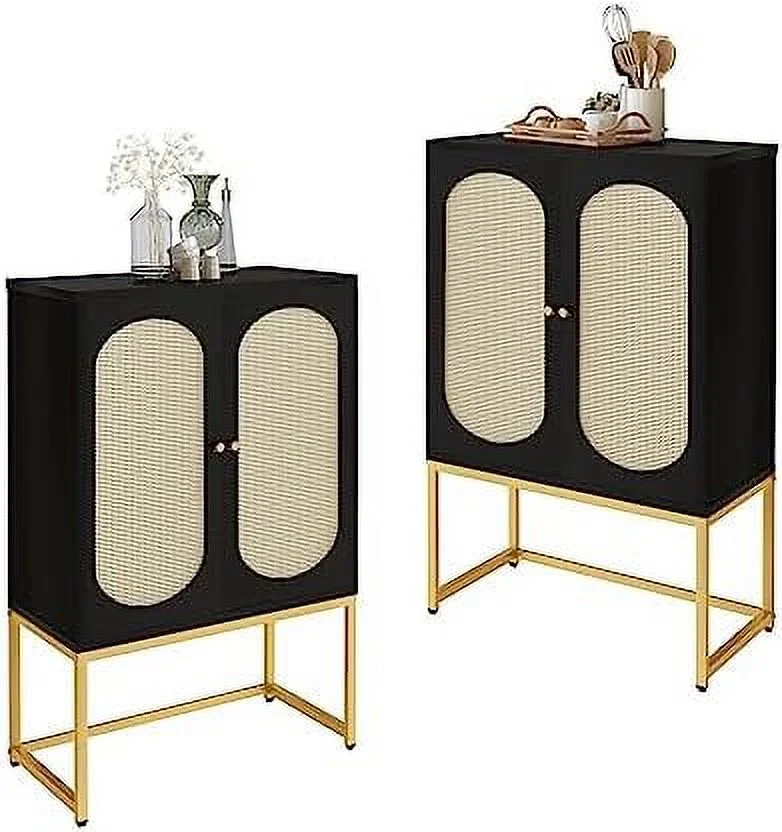 JDZHAPPYLIFE Rattan Cabinet 2 Door Sideboard Buffet Cupboard Accent High Cabinet with Natural Rattan Free Standing Bookmatch Adjustable Shelves Easy Assembly Rustic Oak Beige (LRC-ob)