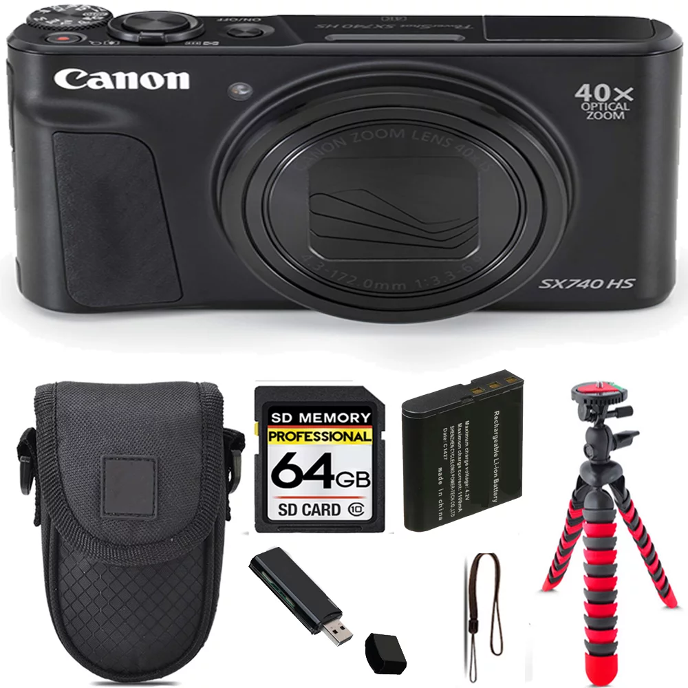 Canon PowerShot SX740 HS Digital Camera (Black) + Tripod + Case - 64GB Kit