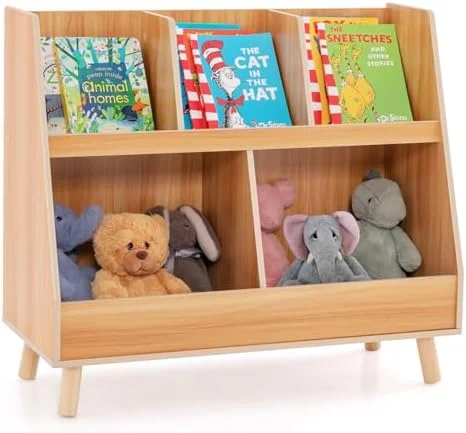 TJUNBOLIFE Toy Organizers and  with Bookshelf  5 Cubbies Wooden Toy Cabinet and Montessori Bookcase with Solid Legs  Freestanding Display Toy  for  Room  Playroom  Bedroom  Nursery