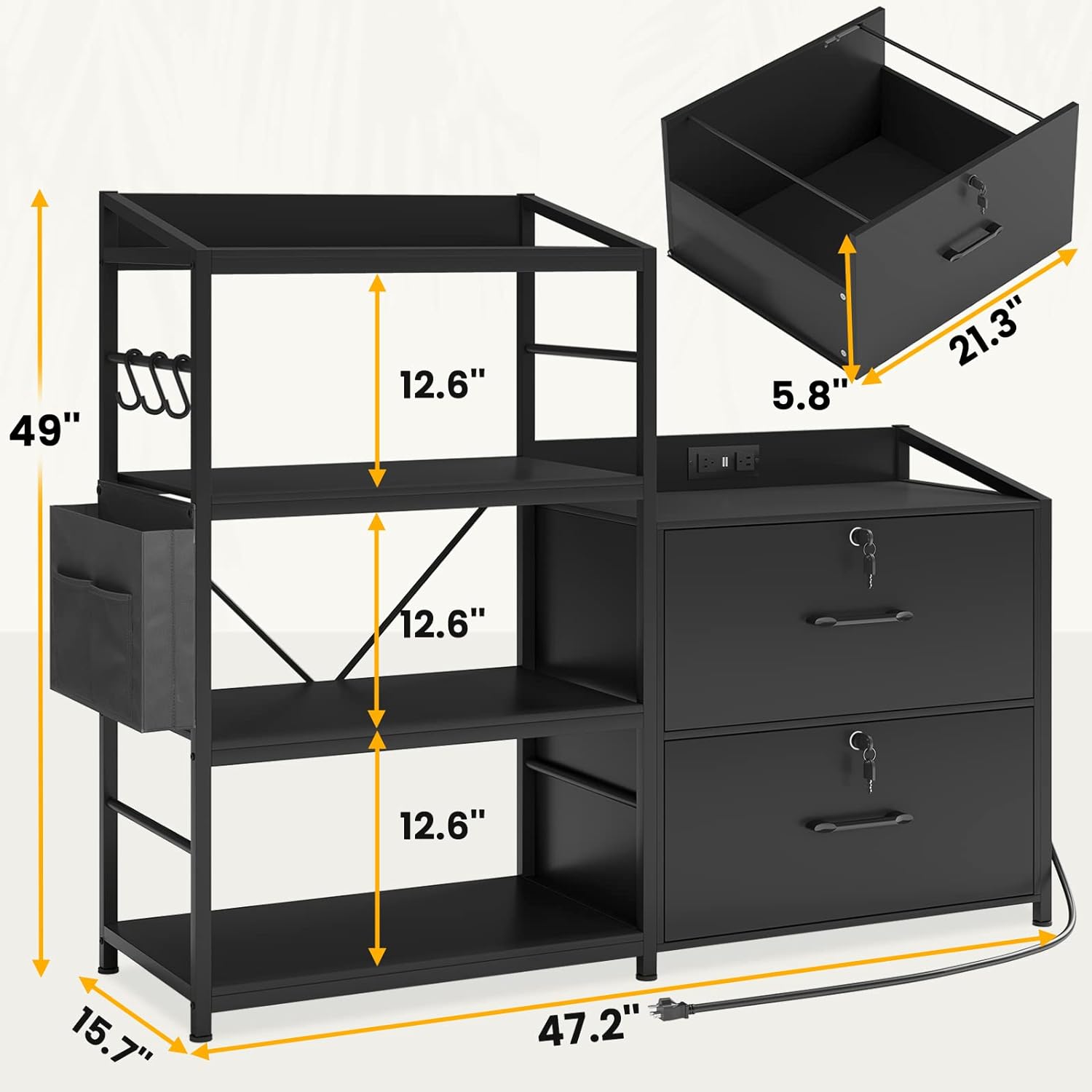 U-SHARE 47” File Cabinet with Power Strip, Filing Cabinet fits Legal, Letter, A4 Size, 2 Drawer File Cabinet with Lock, File Cabinets for Home Office with Open Shelf and 3 Hooks, Black