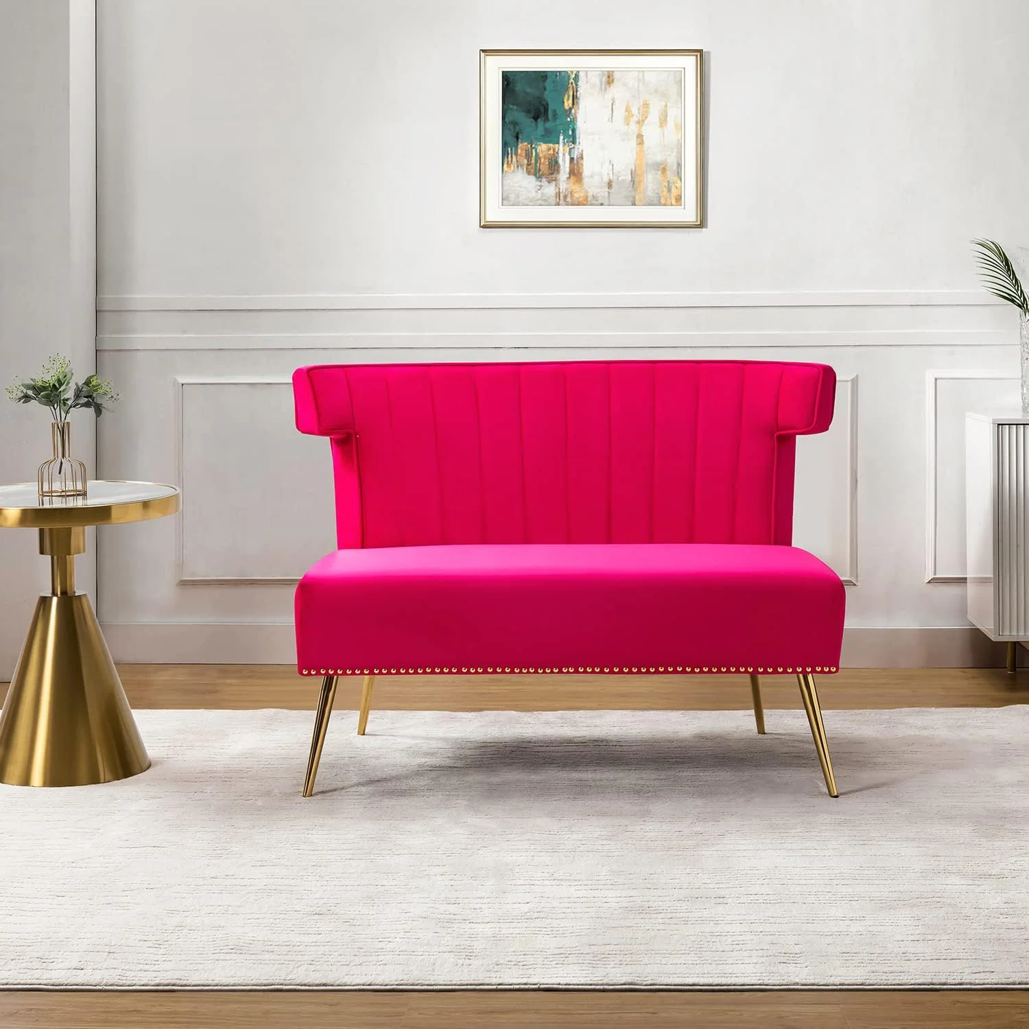 Velvet Upholstered Loveseat Sofa Armless, Modern Loveseat Couch With Golden Metal Legs, Living Room Tufted Velvet 2 Seater Sofa Chairs For Apartment Small Spaces（Fuchsia）