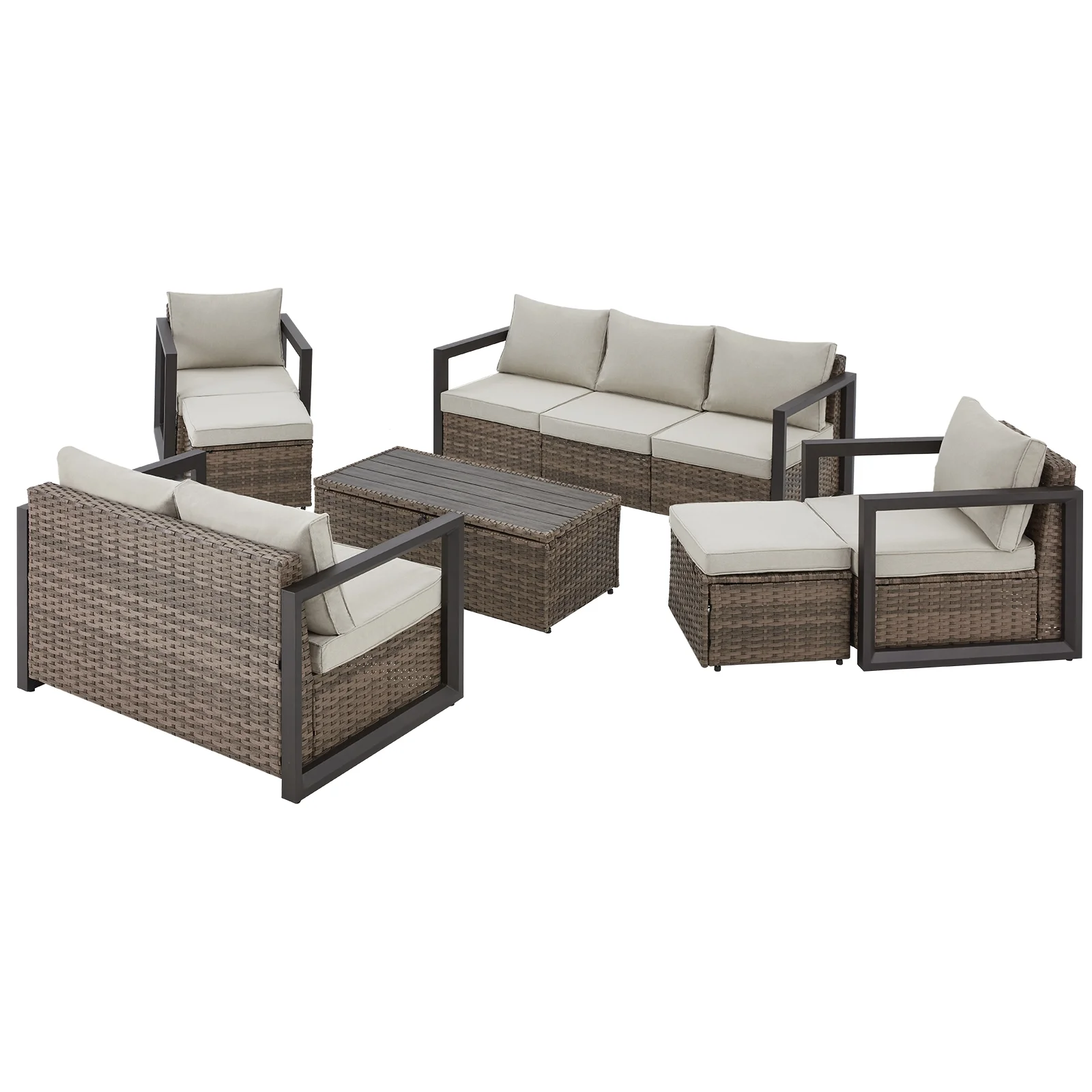Homrest Aluminum Patio Furniture Set, Outdoor Furniture Set with Storage Coffee Table, Cushions & 2 Ottomans for Balcony, Garden