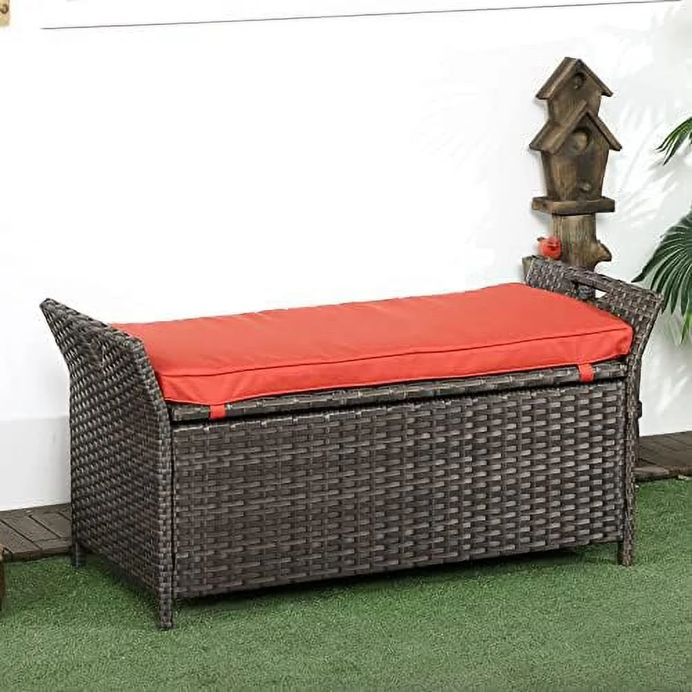 YFbiubiulife 27 Gallon Patio Wicker  Bench  Outdoor PE Rattan Patio   2-in-1 Large Capacity Rectangle Garden  Box with Handles and Cushion  Dark Blue