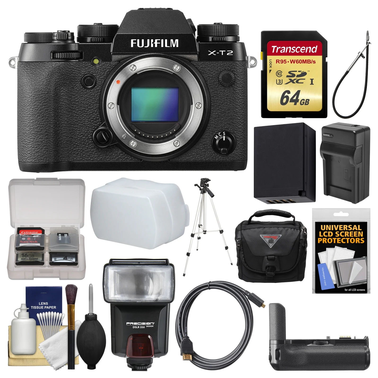 Fujifilm X-T2 4K Wi-Fi Digital Camera Body with VPB-XT2 Grip + 64GB Card + Case + Flash + Diffuser + Battery & Charger + Tripod Kit