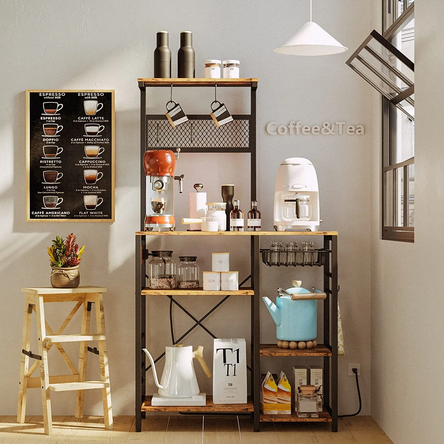 IRONCK Bakers Rack, Microwave Stand with Power Outlet, Industrial Coffee Bar with Wire Drawer for Kitchen, Living Room Easy Assembly, Space-Saving, Vintage Brown